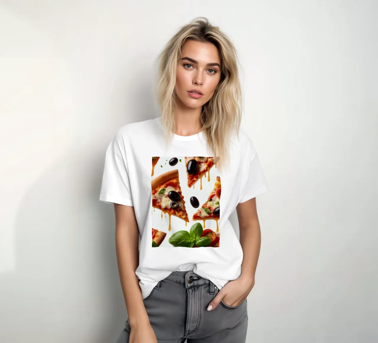 Deliziosi tranci di pizza conditi con pomodori freschi e olive t-shirt da DesignDoodle