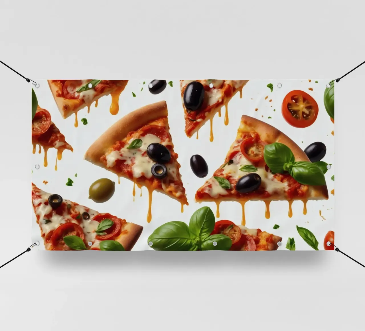 Deliziosi tranci di pizza conditi con pomodori freschi e olive telo in pvc da DesignDoodle