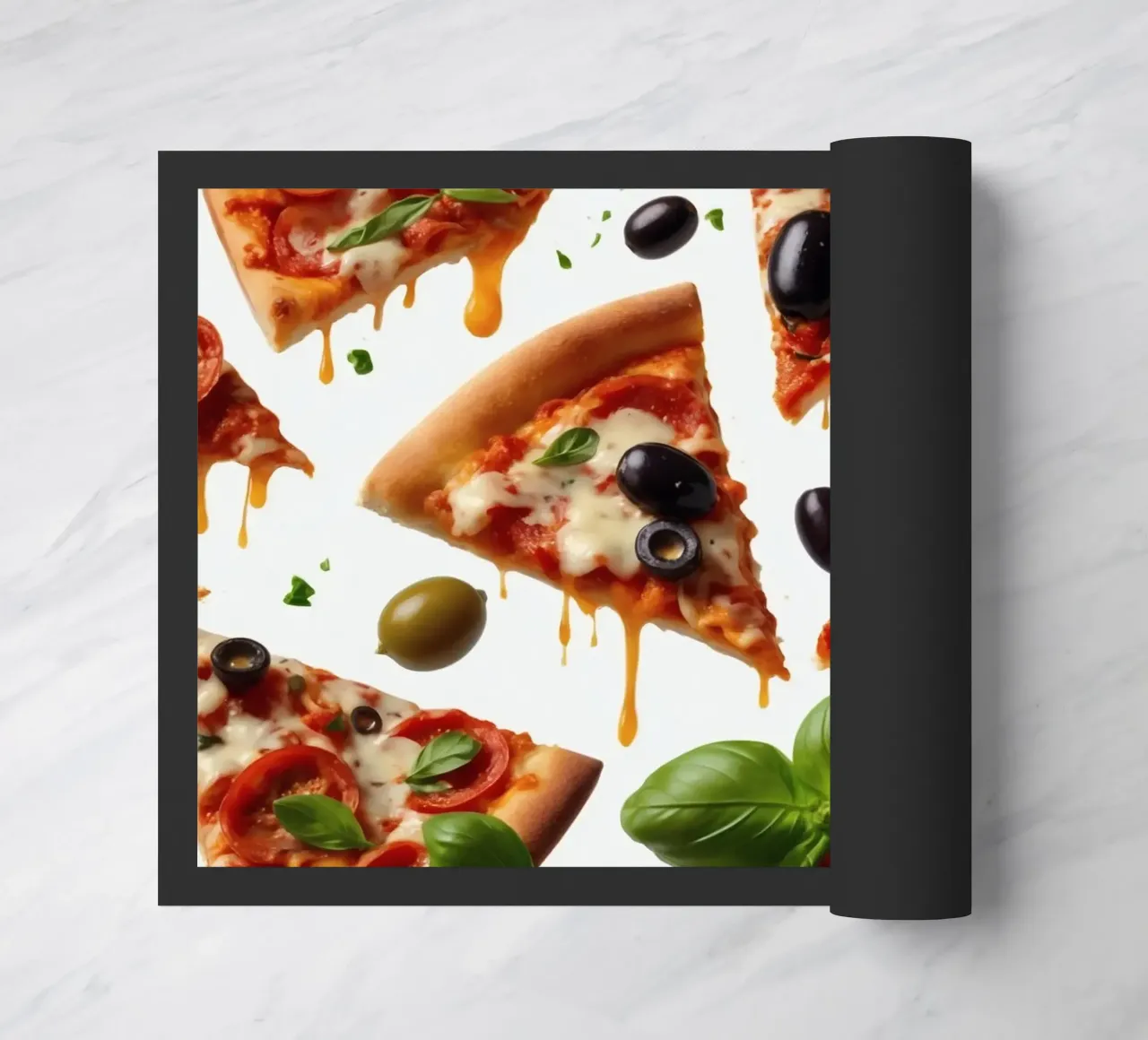 Deliziosi tranci di pizza conditi con pomodori freschi e olive zerbino da DesignDoodle