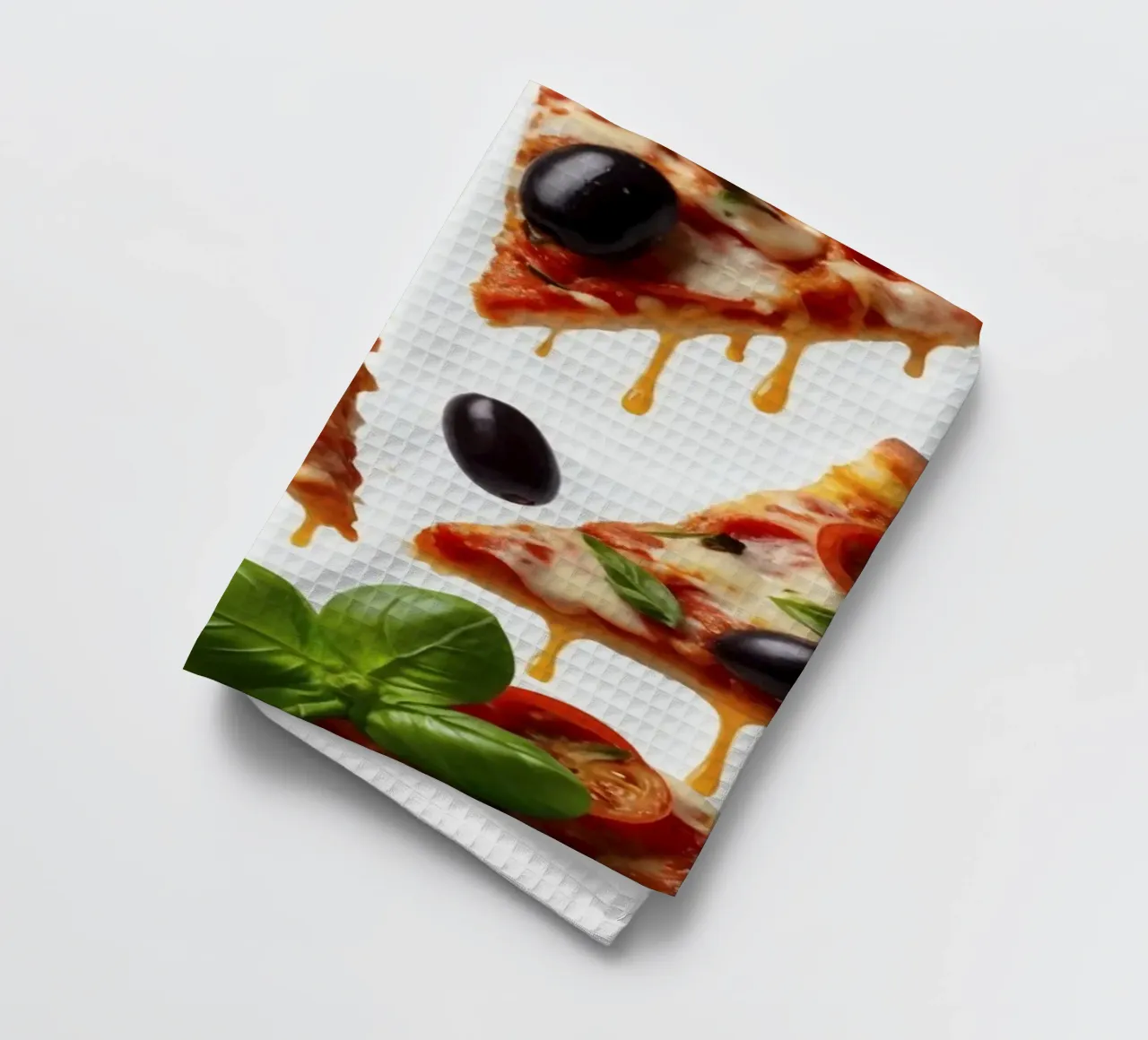 Deliziosi tranci di pizza conditi con pomodori freschi e olive canovaccio da cucina da DesignDoodle