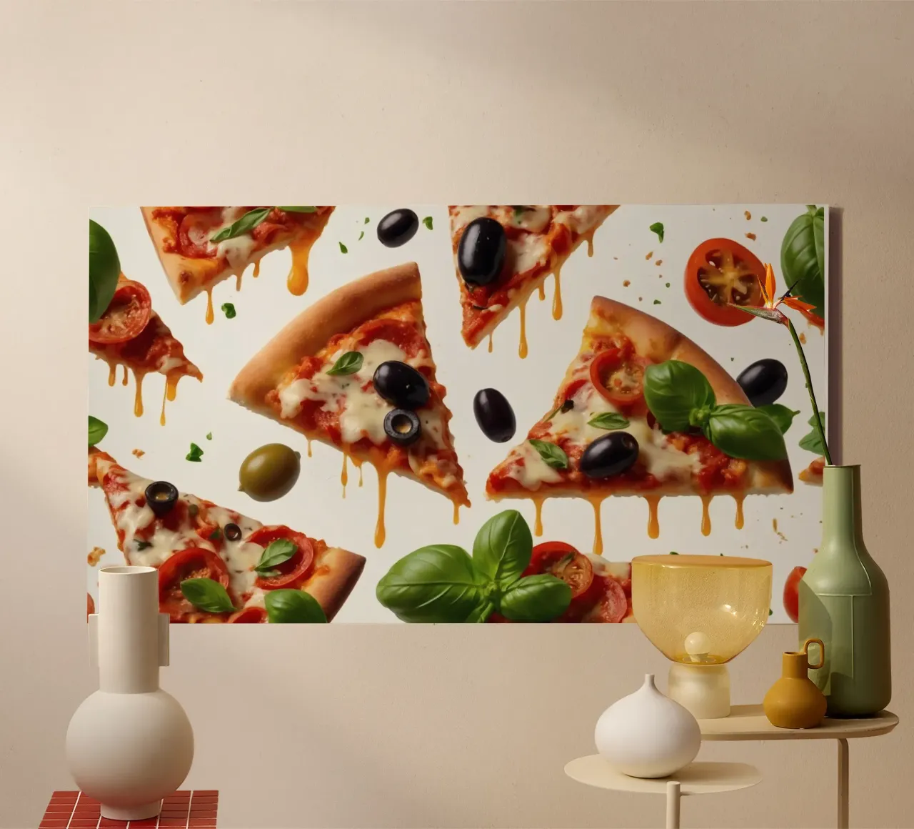 Deliziosi tranci di pizza conditi con pomodori freschi e olive tela da DesignDoodle