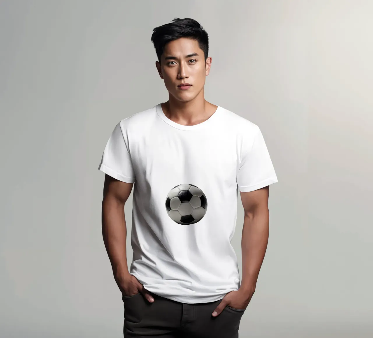 Soccer ball displayed on a plain surface with soft lighting t-shirt by DesignDoodle