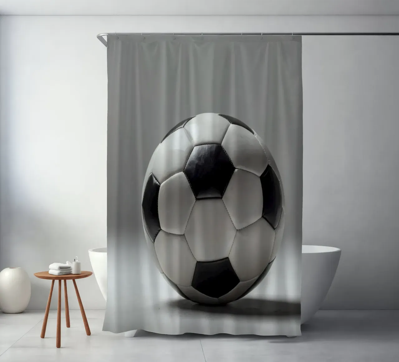 Pallone da calcio esposto su una superficie liscia con illuminazione soffusa tenda da doccia da DesignDoodle