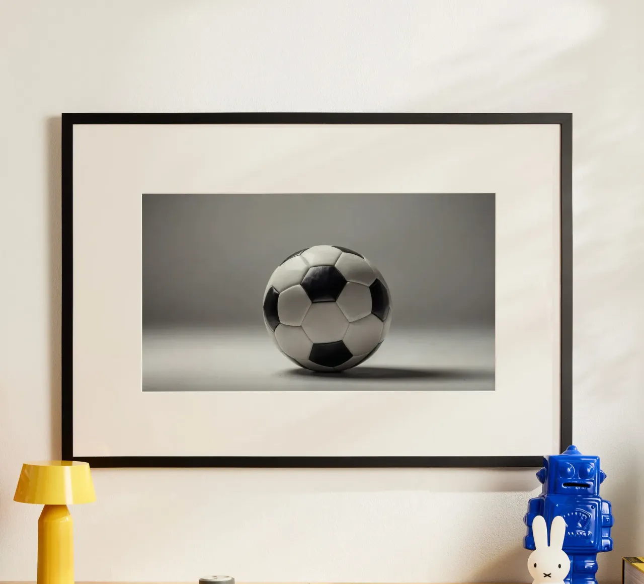 Soccer ball displayed on a plain surface with soft lighting hahnemühle by DesignDoodle