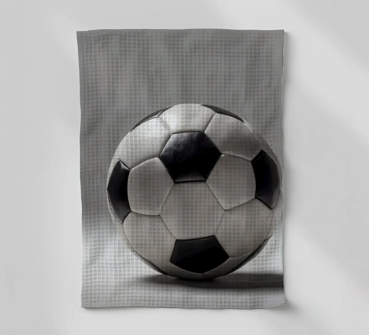 Soccer ball displayed on a plain surface with soft lighting tea towel by DesignDoodle