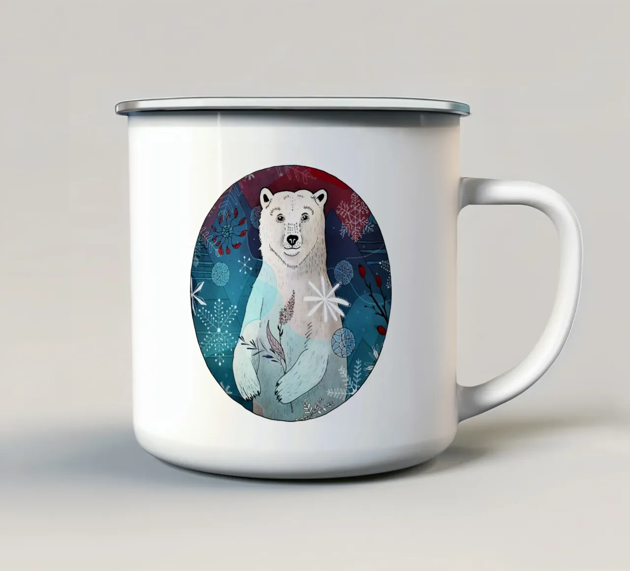 Oso polar en copos de nieve taza de esmalte de AnimalArt