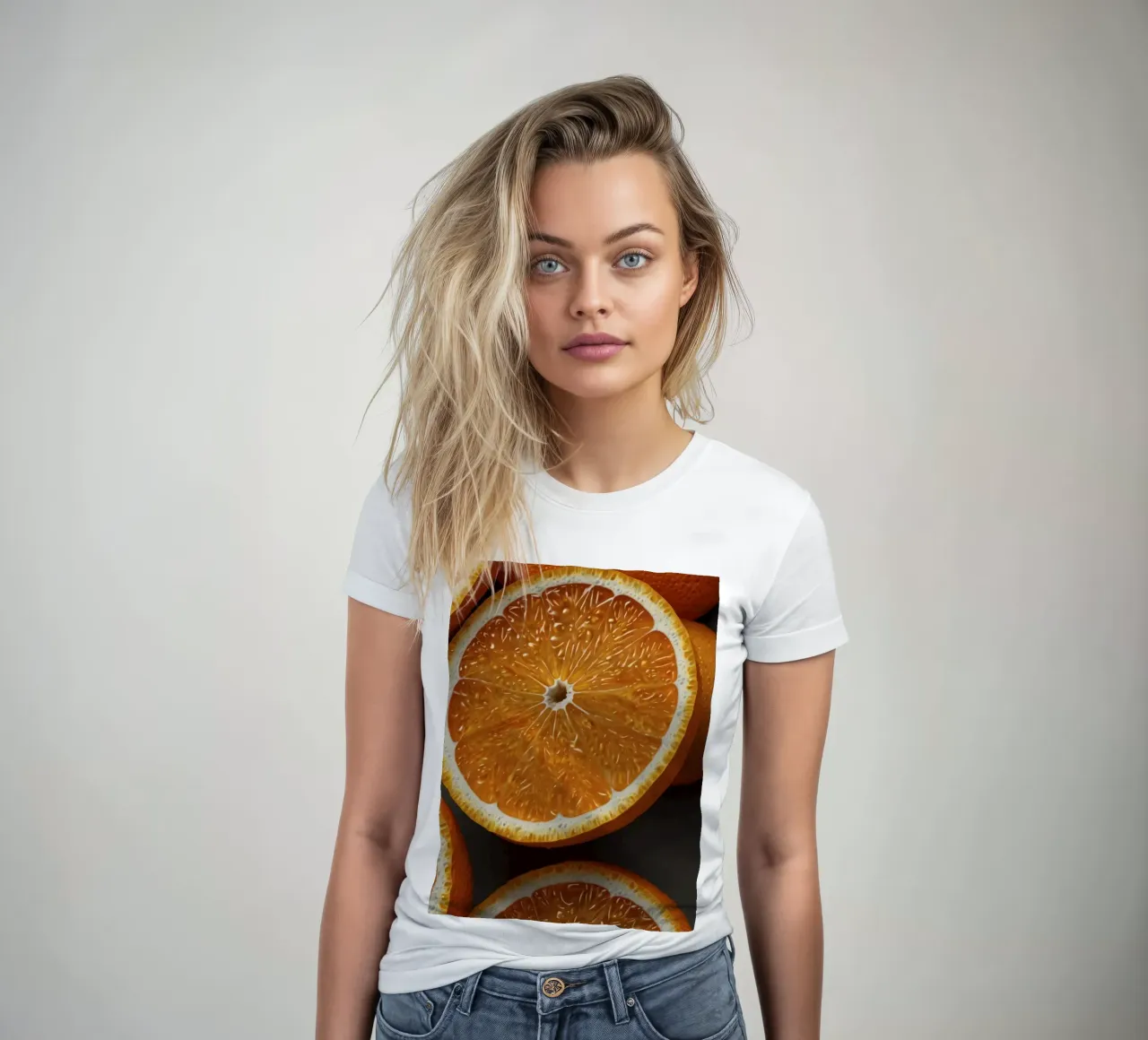 Vibrant orange slices arranged neatly on a textured surface women's fitted t-shirt by DesignDoodle