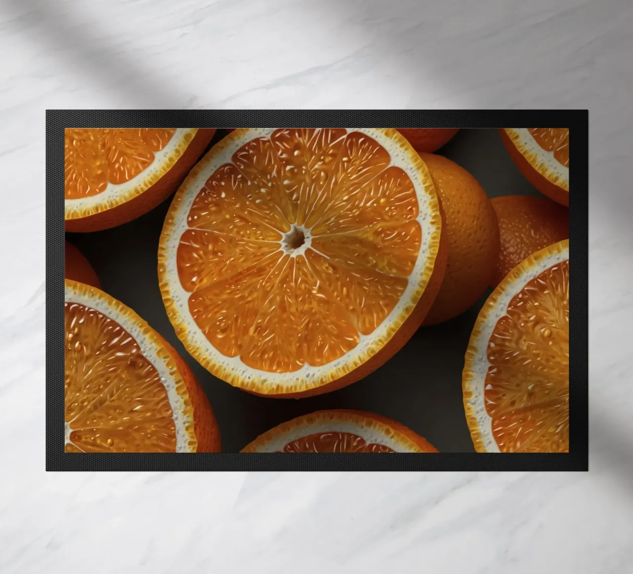 Vibrant orange slices arranged neatly on a textured surface doormat by DesignDoodle