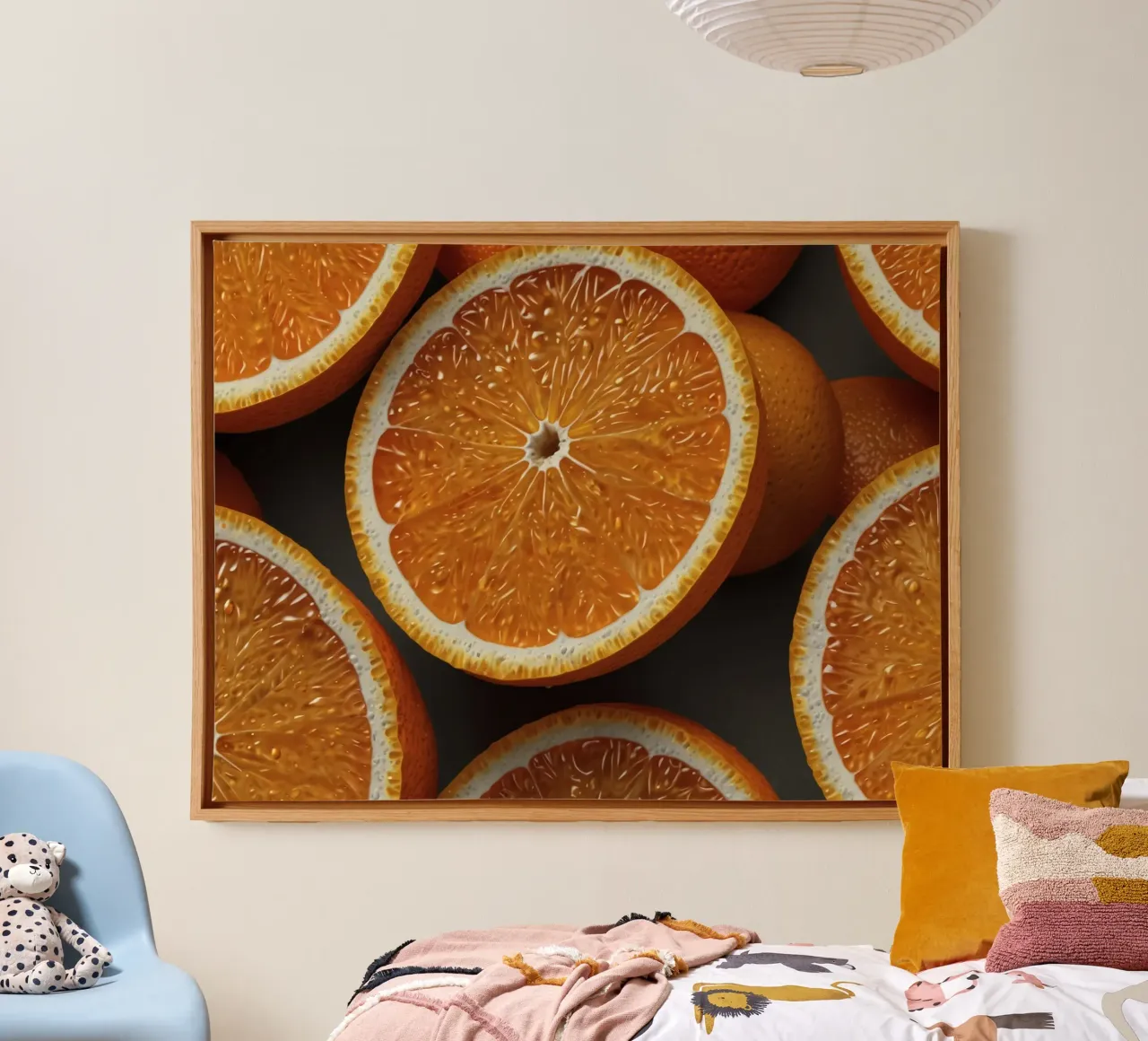 Vibrant orange slices arranged neatly on a textured surface canvas by DesignDoodle