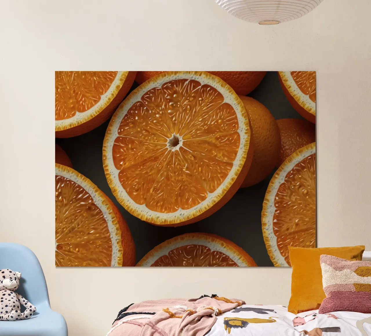 Tranches d'orange vibrantes disposées proprement sur une surface texturée poster avec cadre en aluminium de DesignDoodle