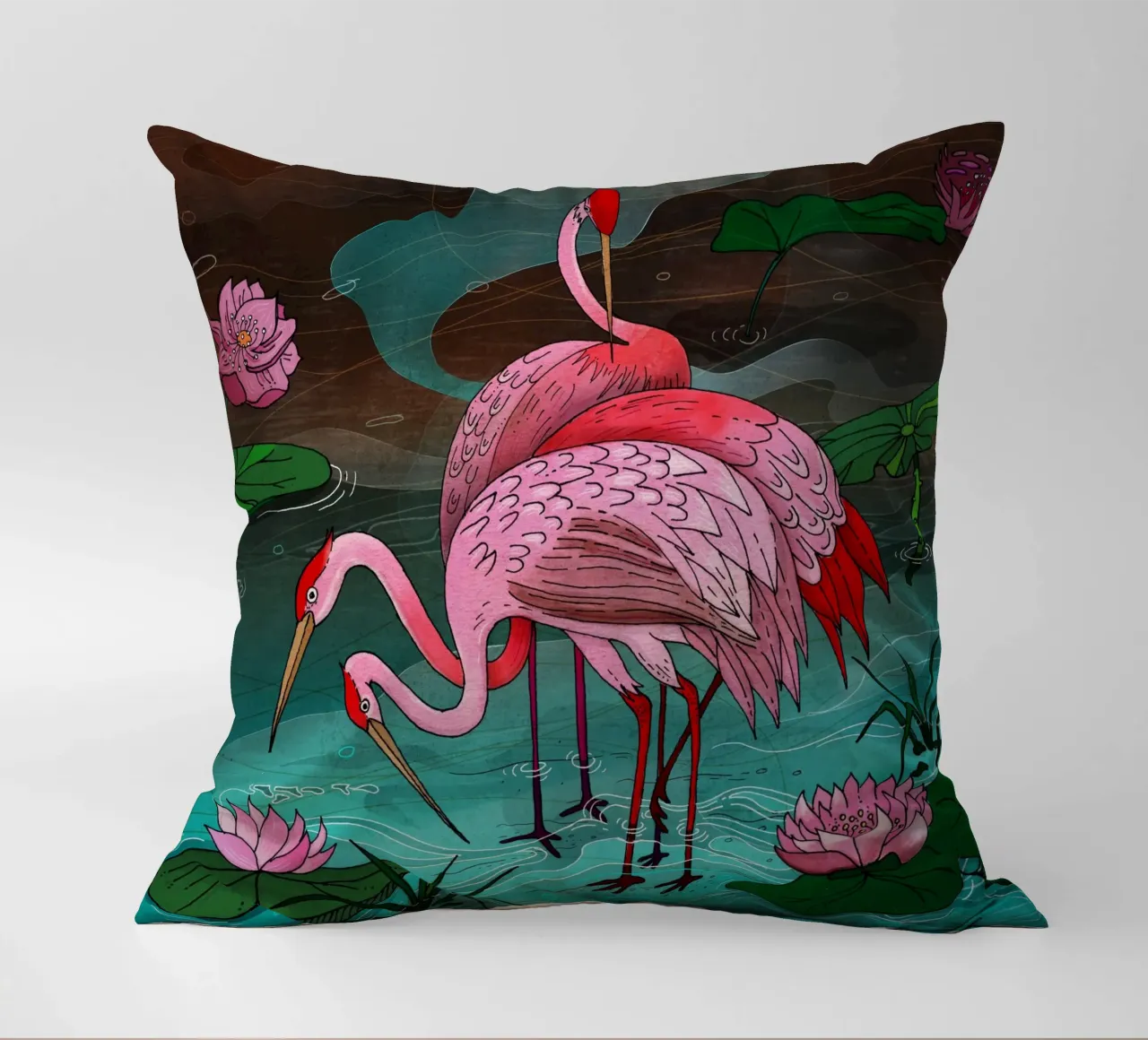 Tre uccelli rosa si trovano nell'acqua con le ninfee cuscino da AnimalArt