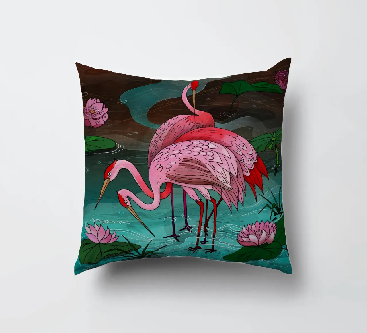 Tre uccelli rosa si trovano nell'acqua con le ninfee cuscino da AnimalArt