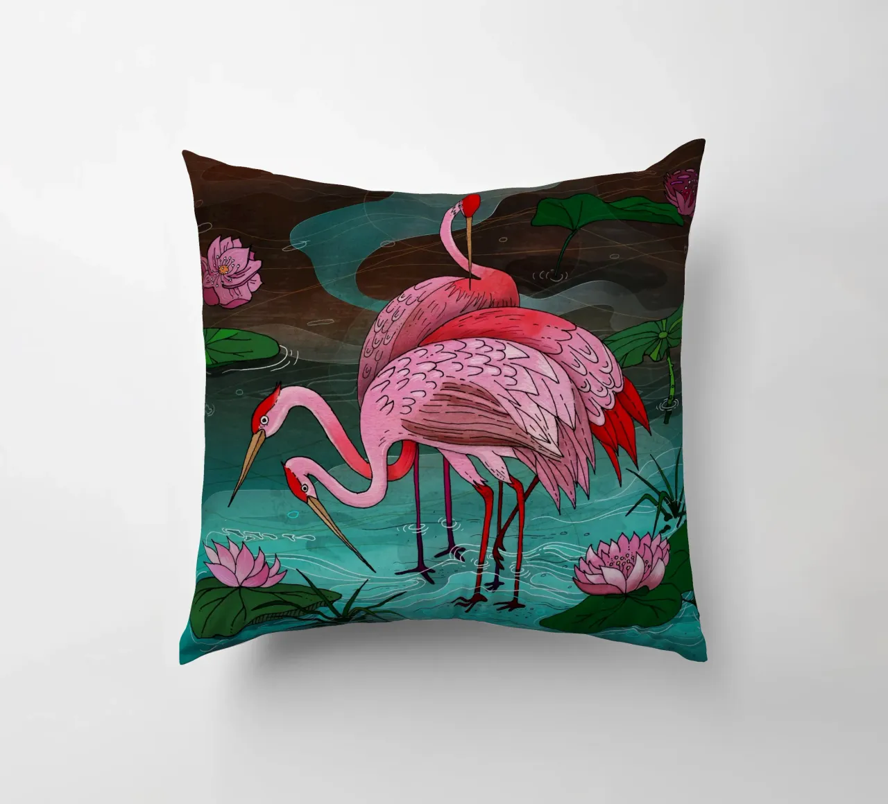 Tre uccelli rosa si trovano nell'acqua con le ninfee cuscino da AnimalArt