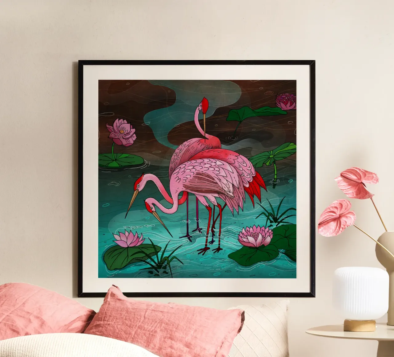 Tre uccelli rosa si trovano nell'acqua con le ninfee carta hahnemühle da AnimalArt
