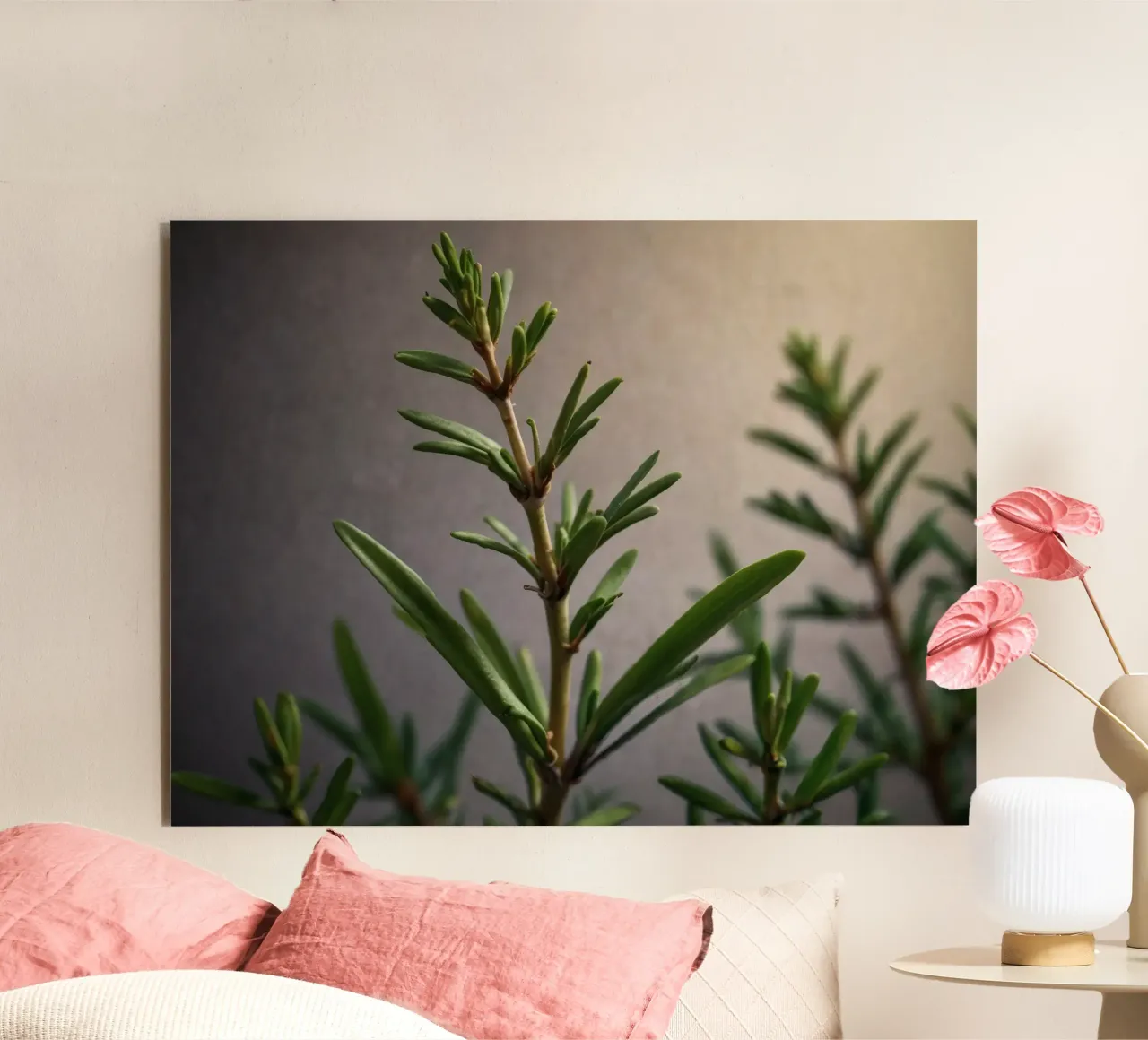 Green plant branches reach upward, showcasing vibrant leaves forex plate by DesignDoodle