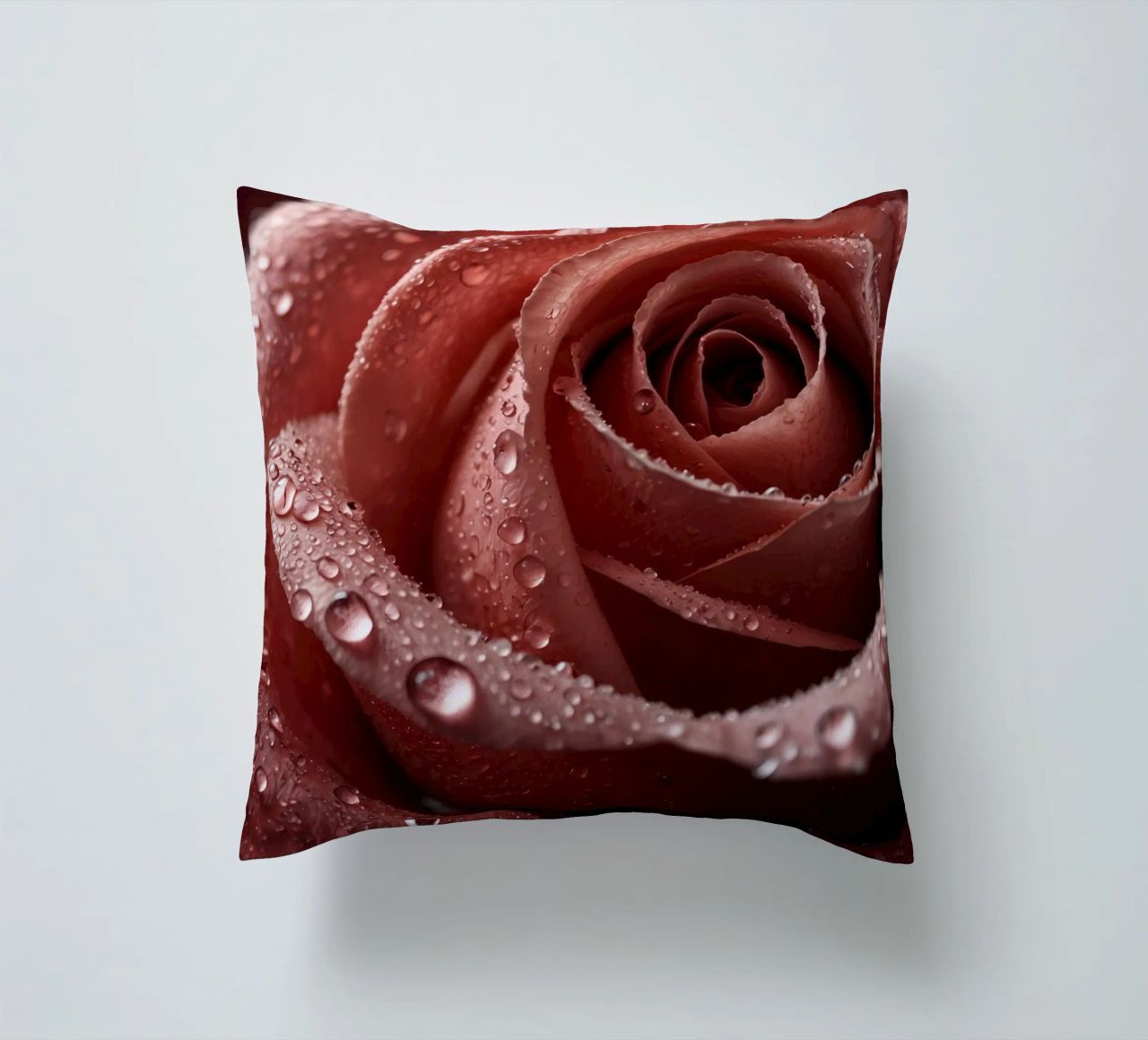 Vue rapprochée d'une rose baignée de rosée aux pétales éclatants. coussin de DesignDoodle