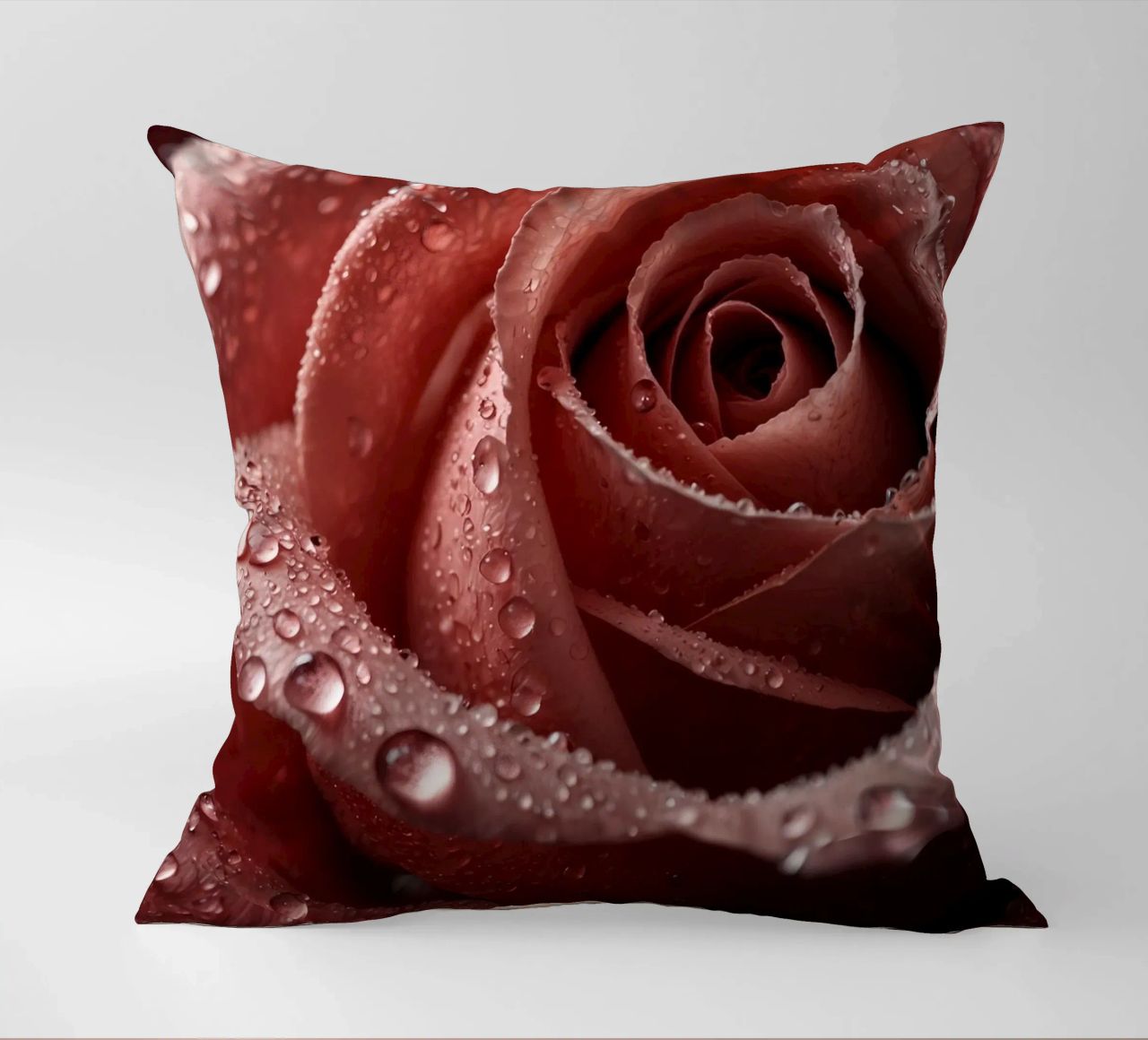 Vue rapprochée d'une rose baignée de rosée aux pétales éclatants. coussin de DesignDoodle