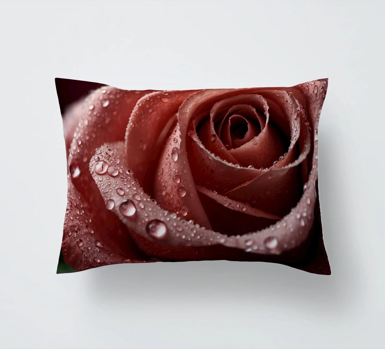 Vue rapprochée d'une rose baignée de rosée aux pétales éclatants. coussin de DesignDoodle