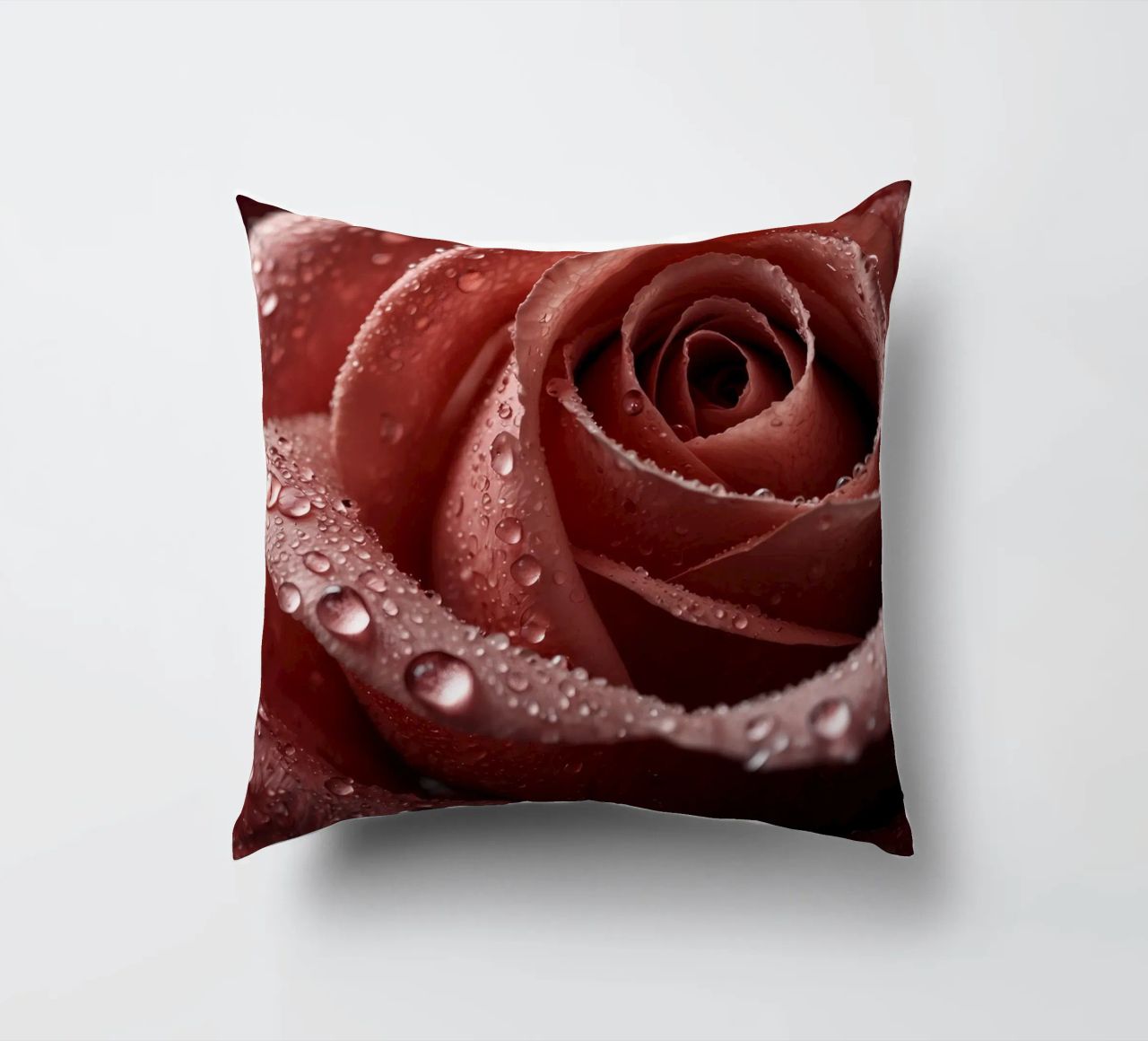 Vue rapprochée d'une rose baignée de rosée aux pétales éclatants. coussin de DesignDoodle