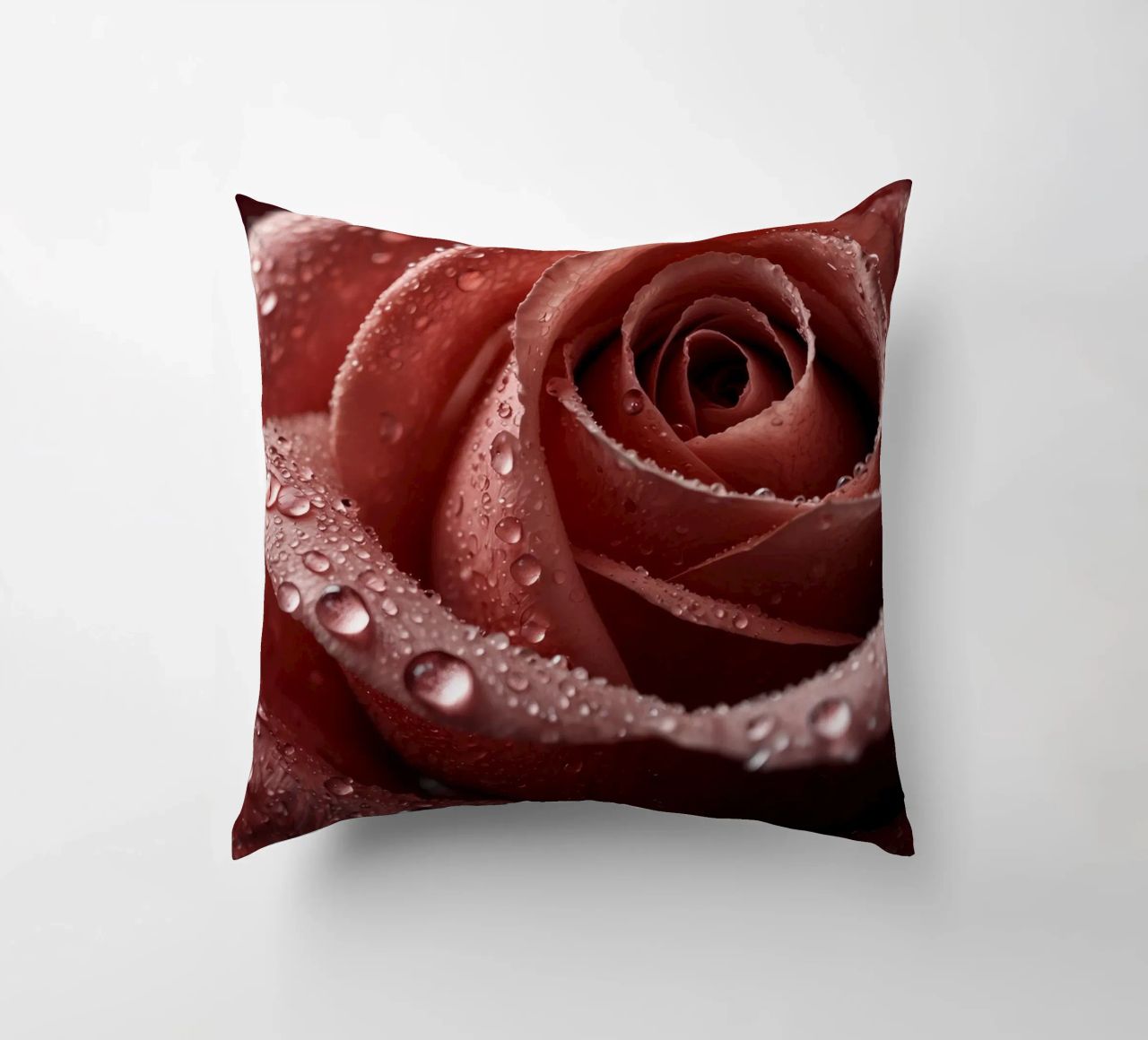 Vue rapprochée d'une rose baignée de rosée aux pétales éclatants. coussin de DesignDoodle