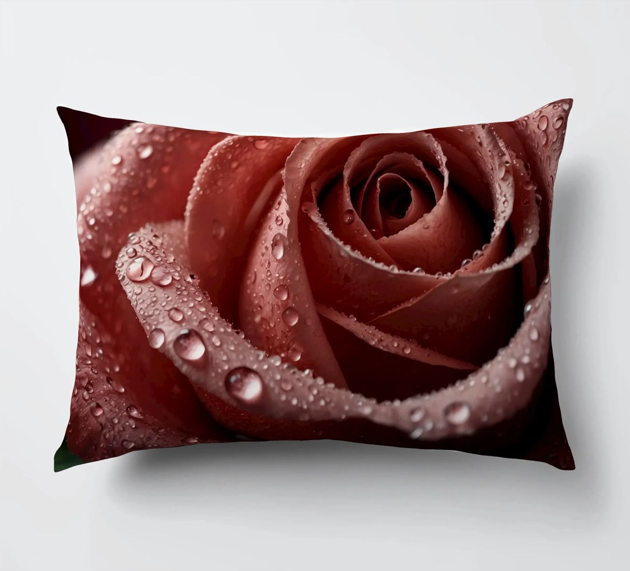 Vue rapprochée d'une rose baignée de rosée aux pétales éclatants. coussin de DesignDoodle
