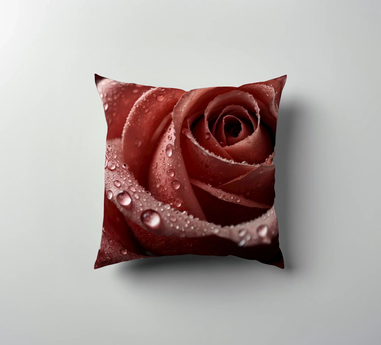 Vue rapprochée d'une rose baignée de rosée aux pétales éclatants. coussin de DesignDoodle