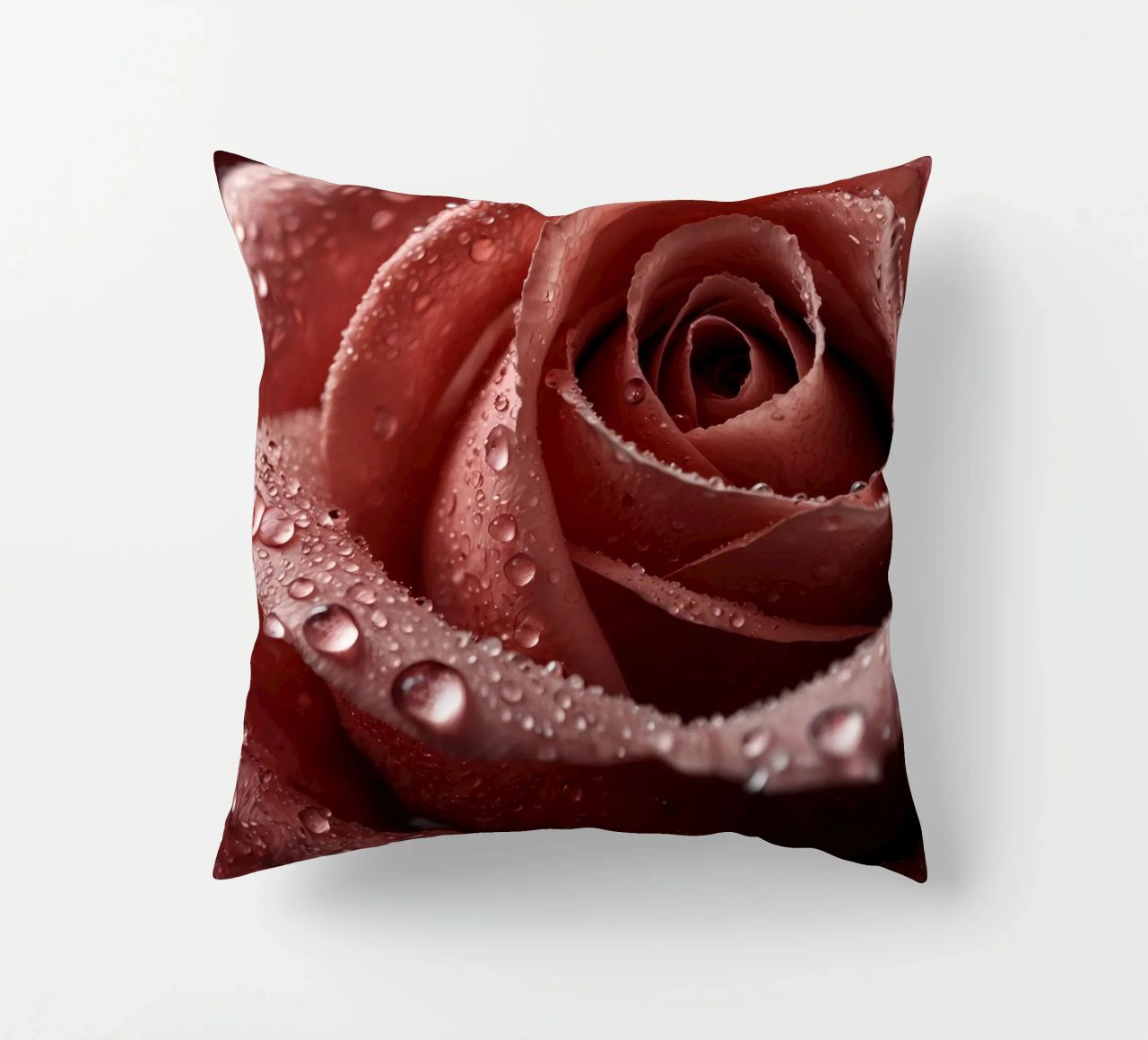 Vue rapprochée d'une rose baignée de rosée aux pétales éclatants. coussin de DesignDoodle