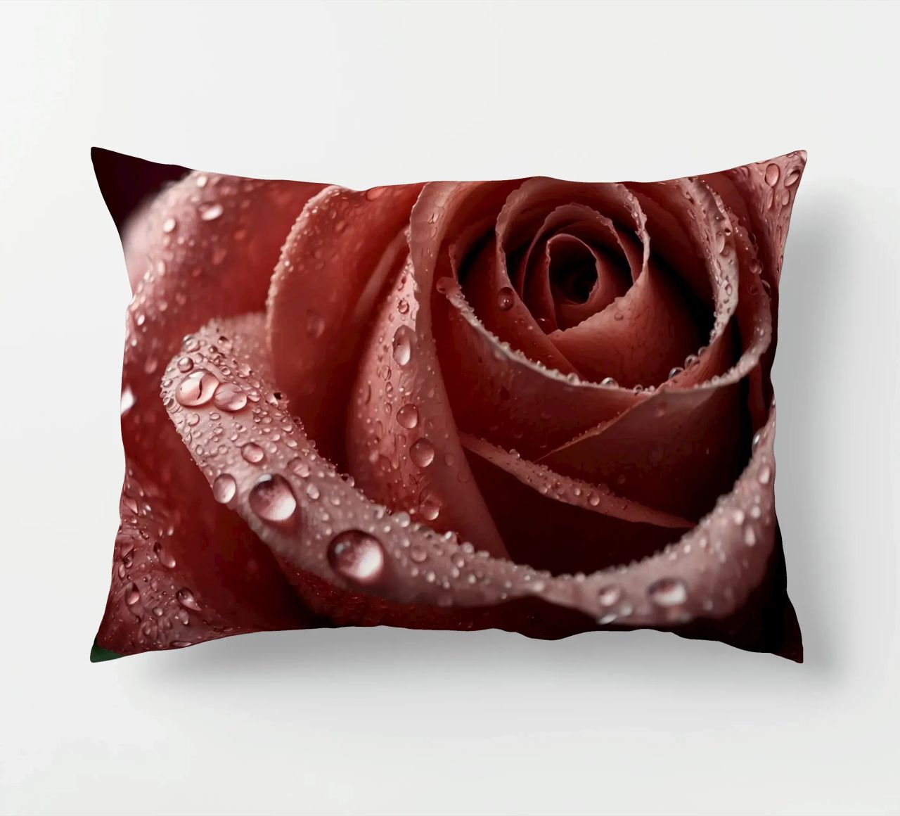 Vue rapprochée d'une rose baignée de rosée aux pétales éclatants. coussin de DesignDoodle