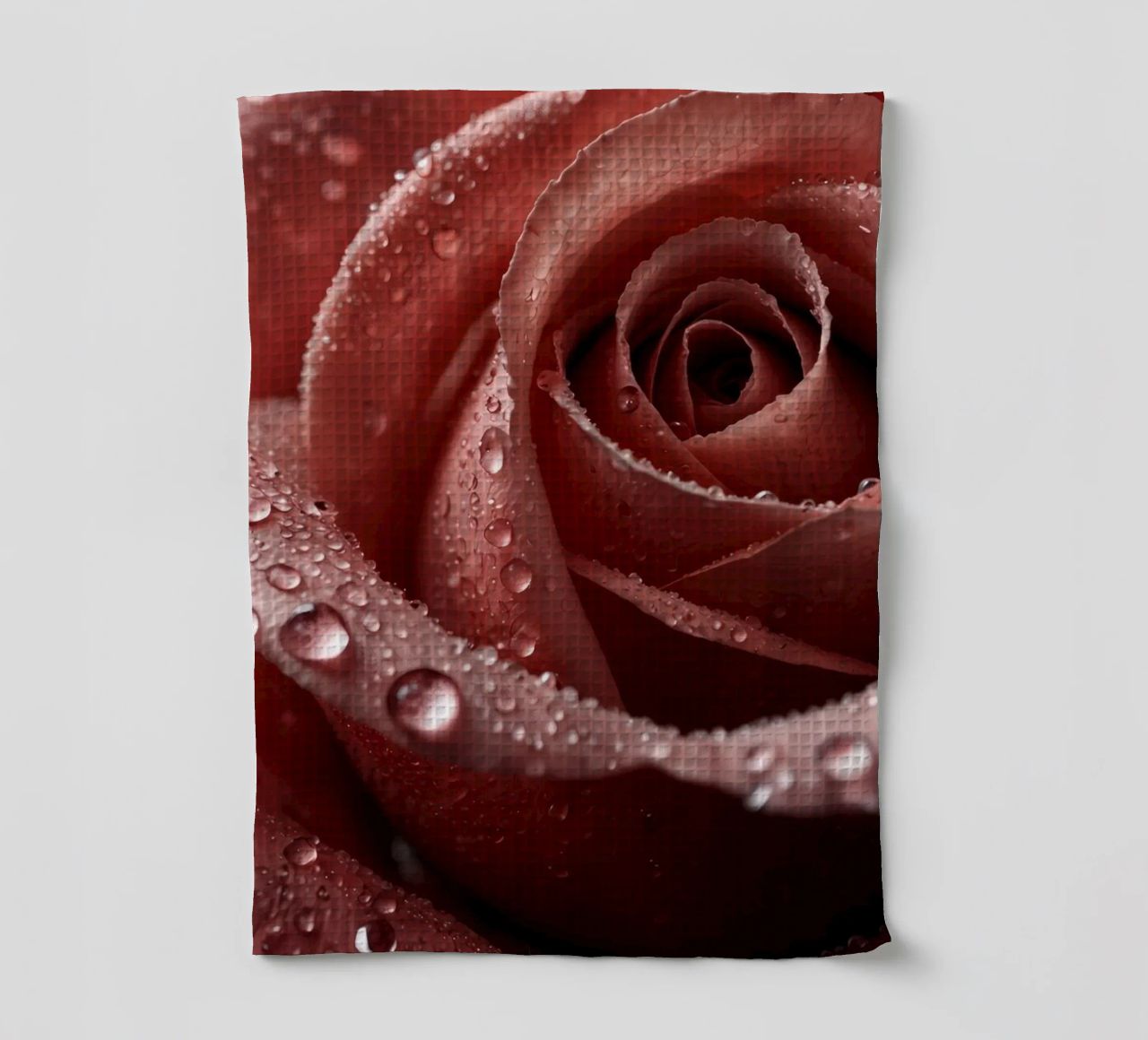 Vue rapprochée d'une rose baignée de rosée aux pétales éclatants. torchon de DesignDoodle