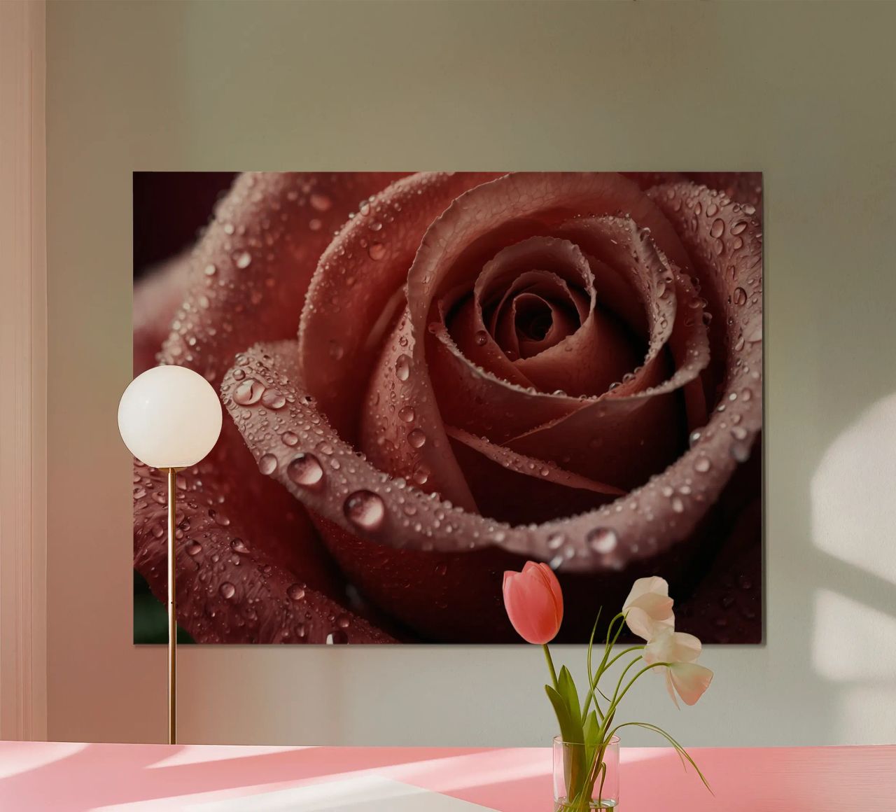 Vue rapprochée d'une rose baignée de rosée aux pétales éclatants. poster de DesignDoodle