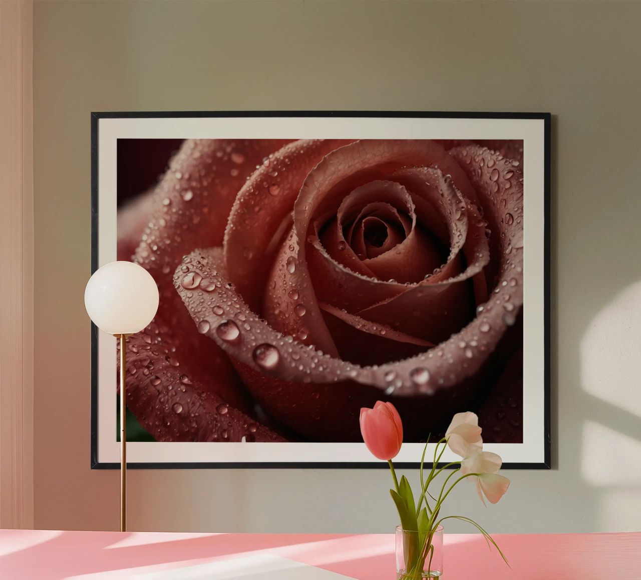 Vue rapprochée d'une rose baignée de rosée aux pétales éclatants. poster de DesignDoodle