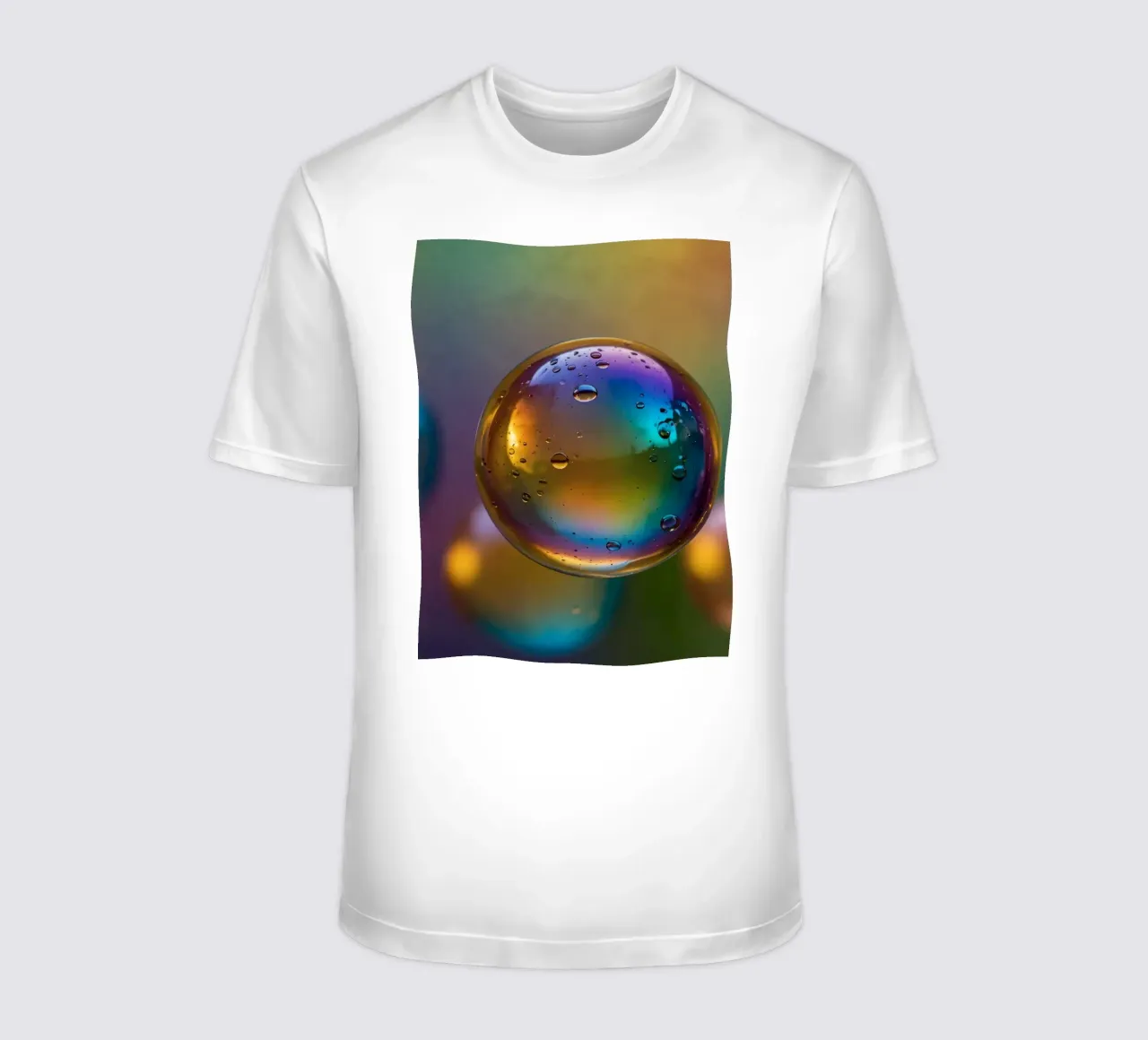 Colorful bubbles floating on a blurred vibrant background t-shirt by DesignDoodle