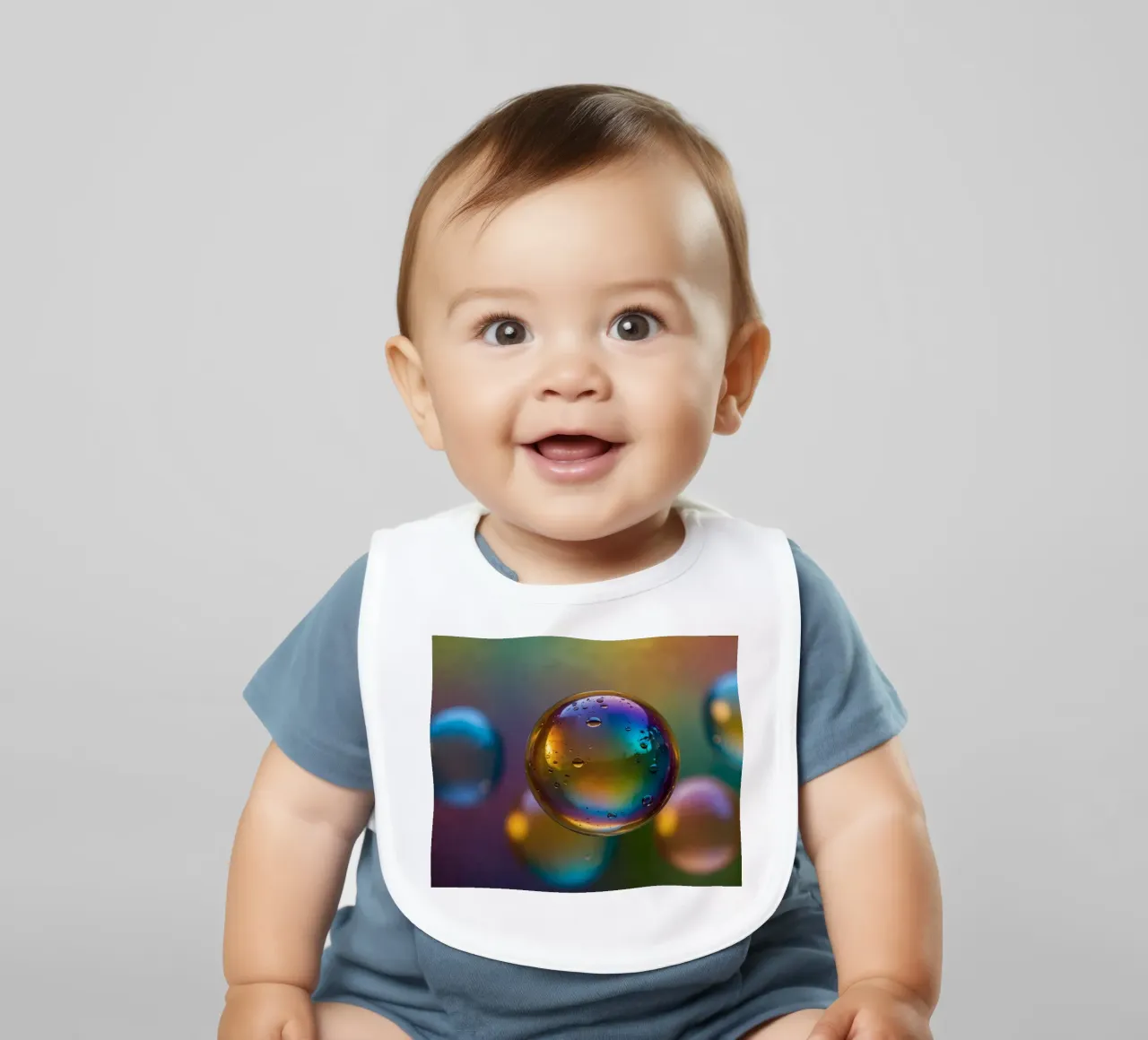 Colorful bubbles floating on a blurred vibrant background baby bib by DesignDoodle