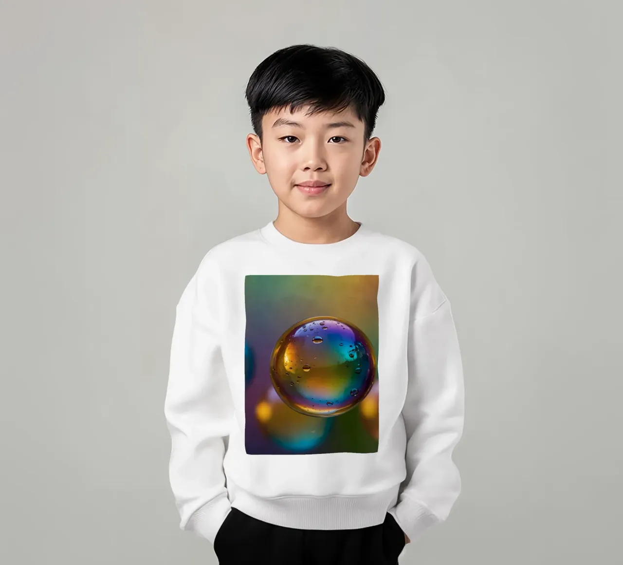 Colorful bubbles floating on a blurred vibrant background kids sweatshirt by DesignDoodle