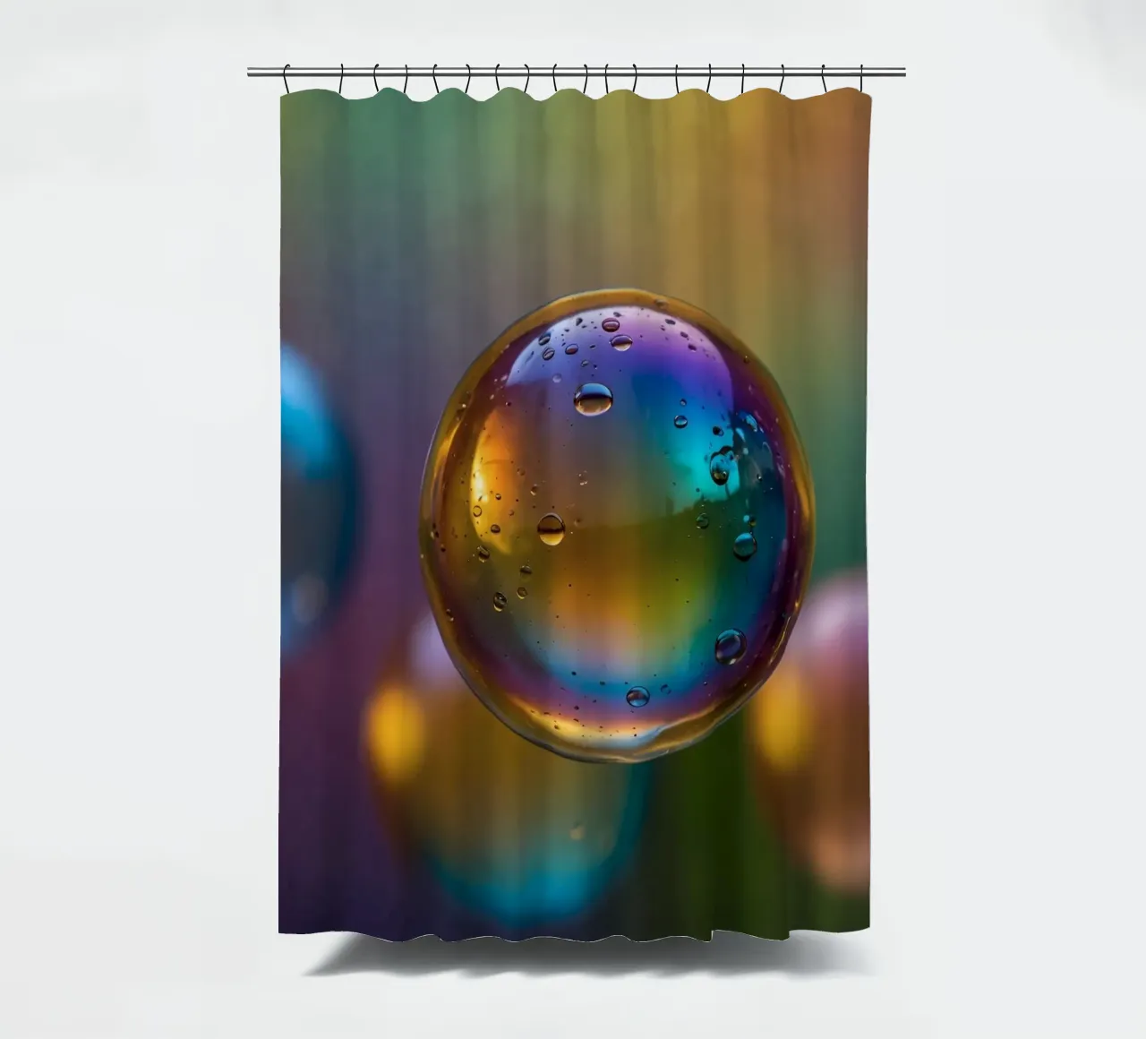 Bunte Blasen schweben auf einem unscharfen, lebendigen Hintergrund Duschvorhang von DesignDoodle