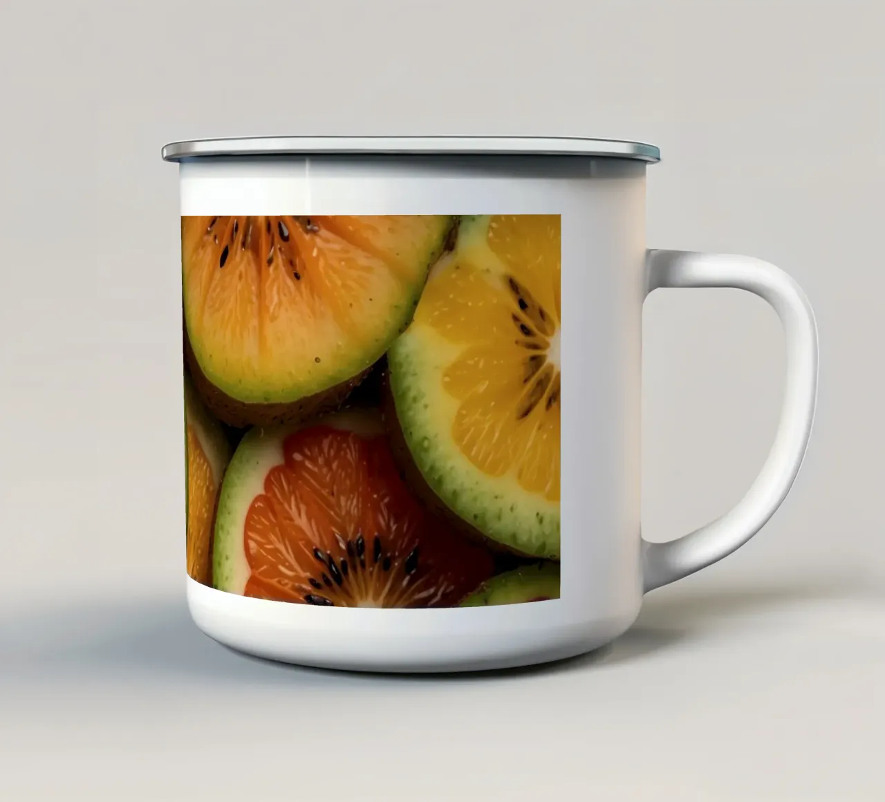 Assortimento variopinto di agrumi freschi e fette di kiwi disposte tazza in smalto da DesignDoodle