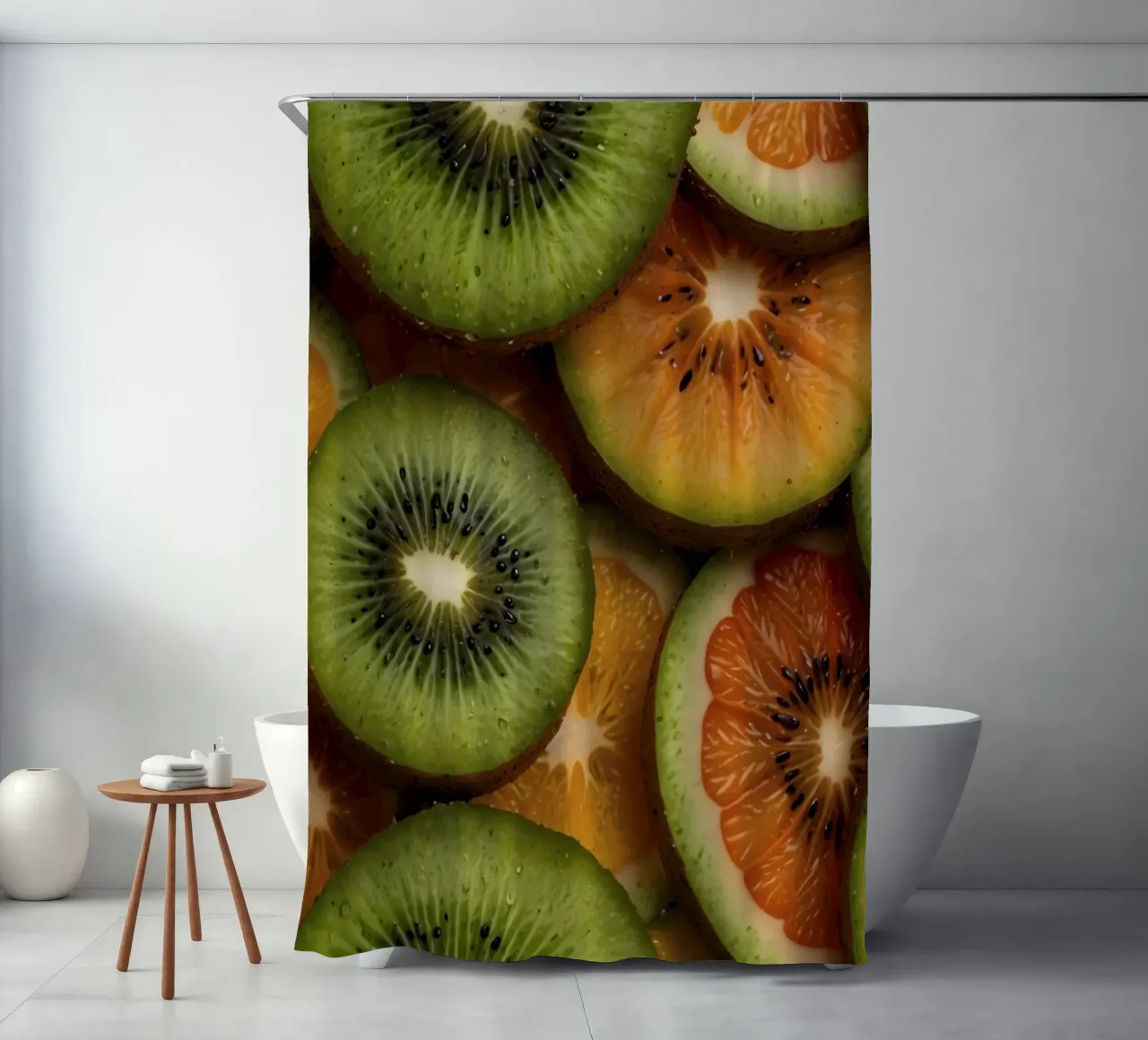 Assortimento variopinto di agrumi freschi e fette di kiwi disposte tenda da doccia da DesignDoodle