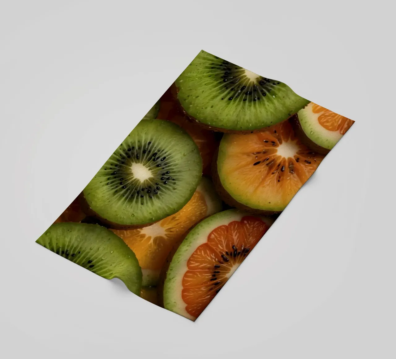 Assortimento variopinto di agrumi freschi e fette di kiwi disposte telo mare da DesignDoodle