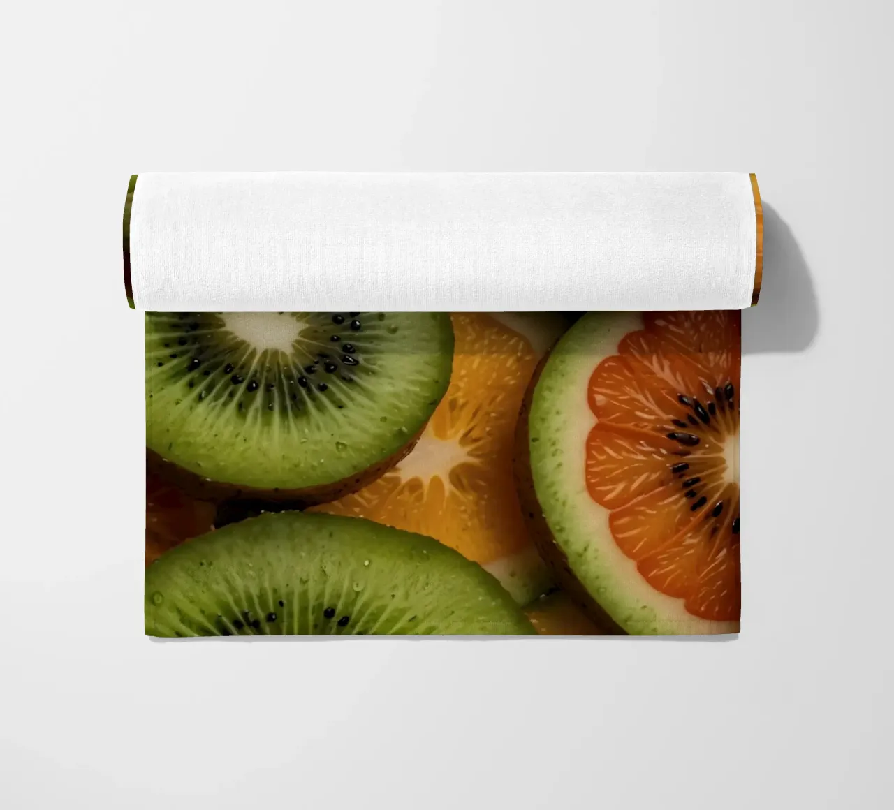 Assortimento variopinto di agrumi freschi e fette di kiwi disposte telo mare da DesignDoodle