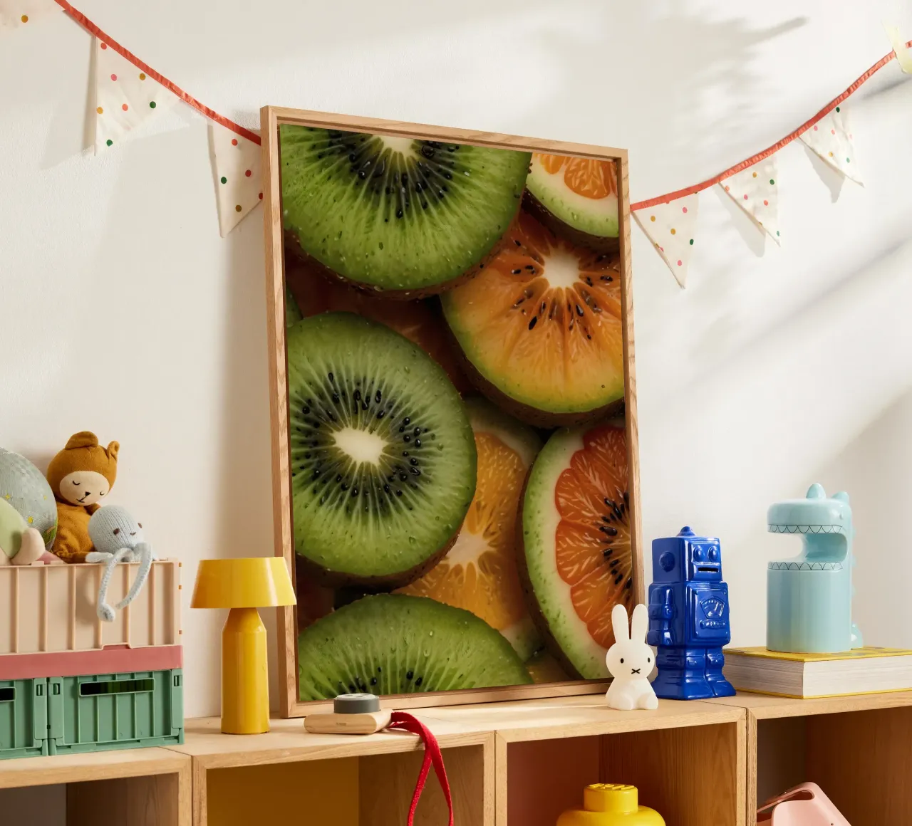 Assortimento variopinto di agrumi freschi e fette di kiwi disposte plexiglass da DesignDoodle