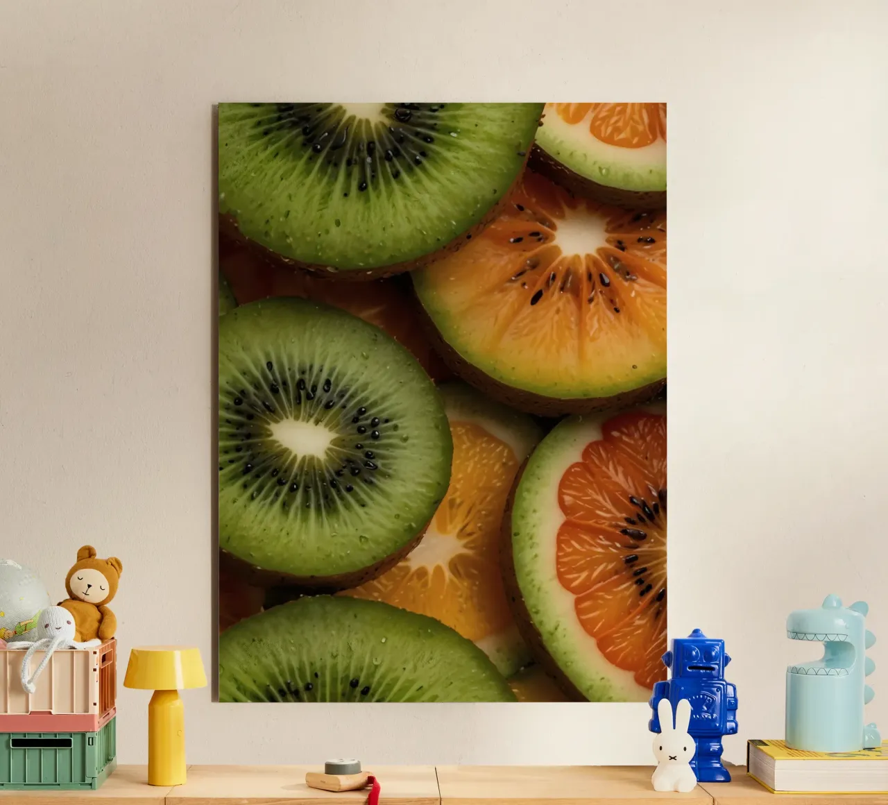 Assortimento variopinto di agrumi freschi e fette di kiwi disposte alluminio dibond da DesignDoodle