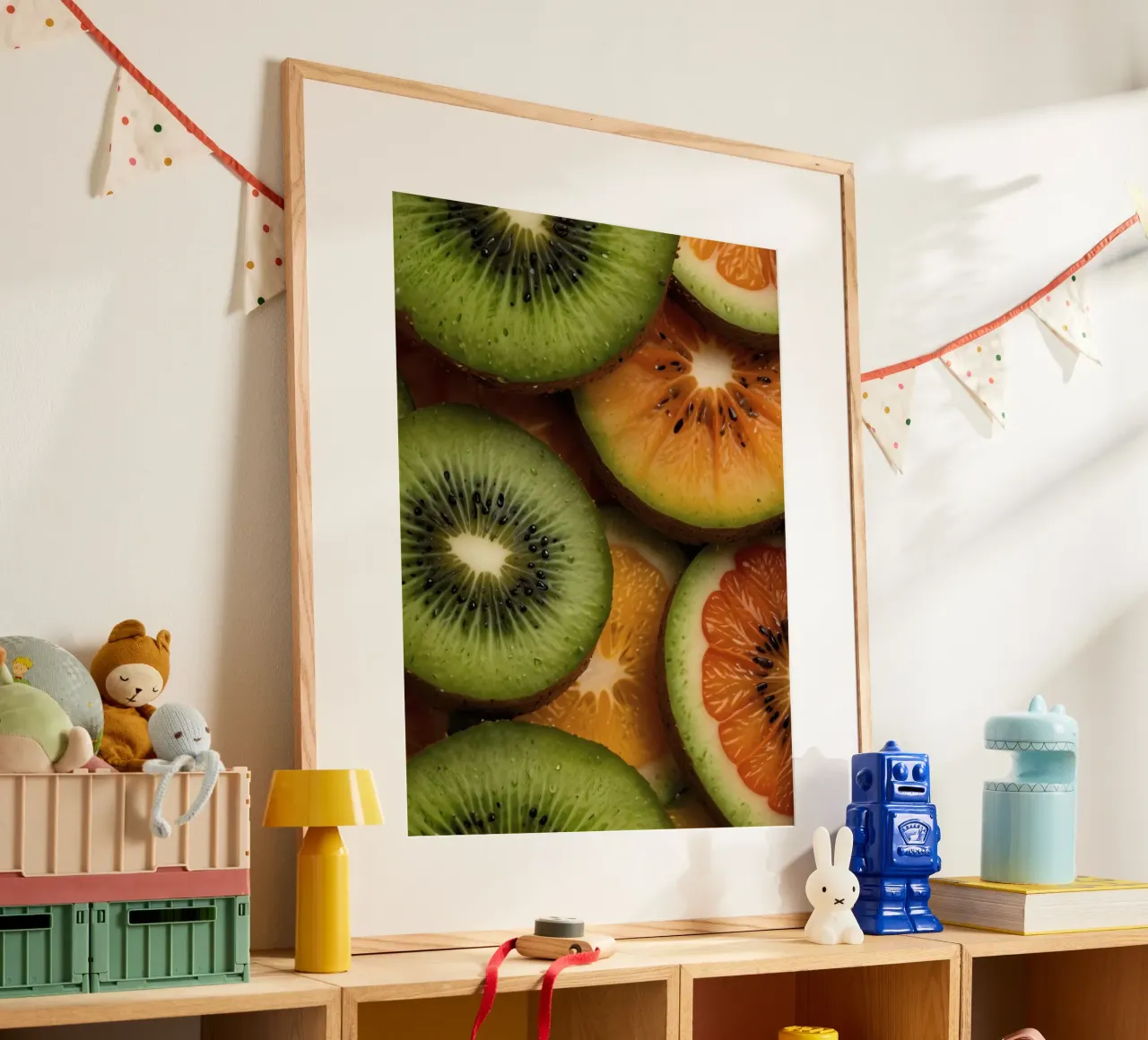 Assortimento variopinto di agrumi freschi e fette di kiwi disposte carta hahnemühle da DesignDoodle