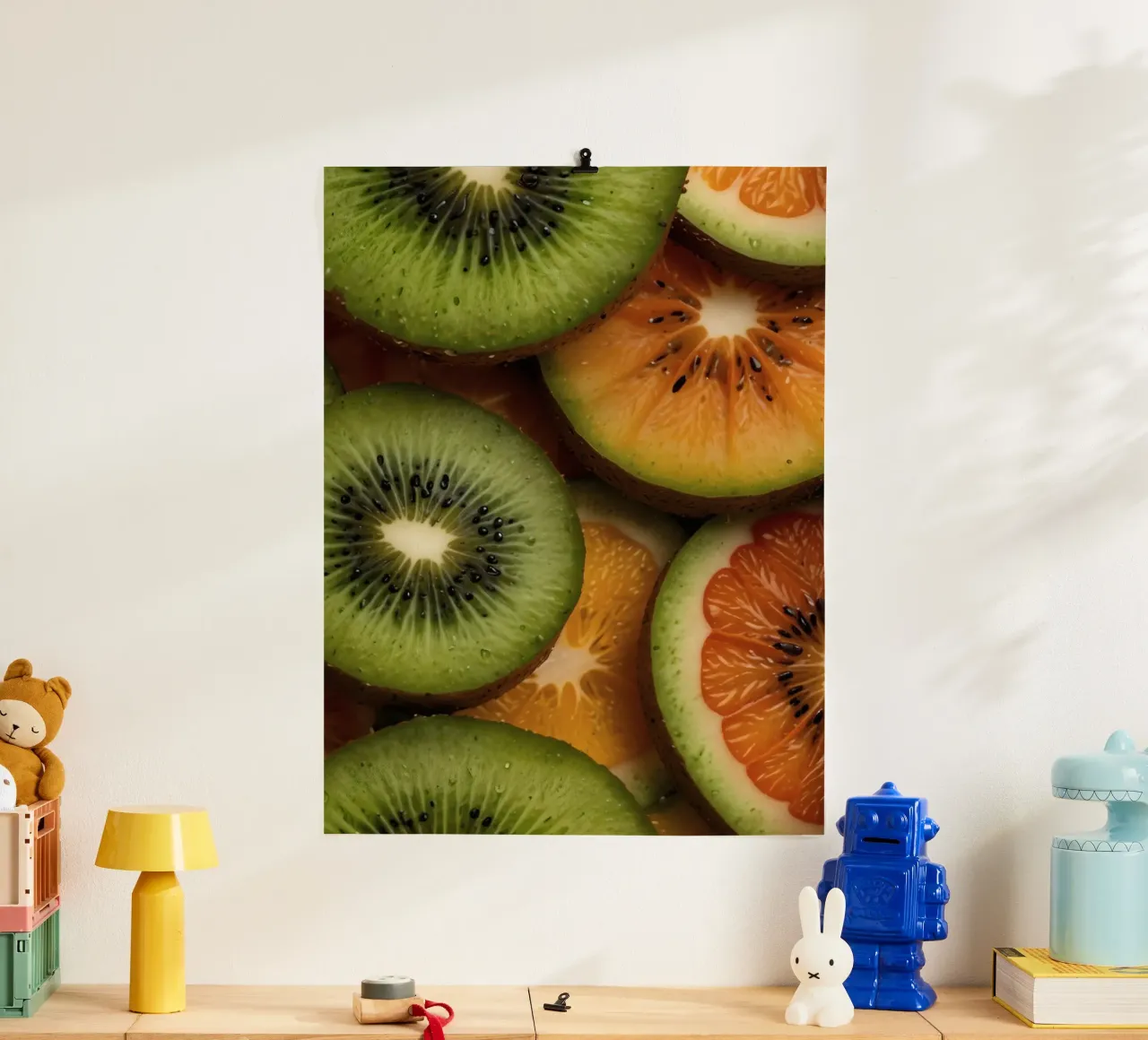 Assortimento variopinto di agrumi freschi e fette di kiwi disposte carta hahnemühle da DesignDoodle