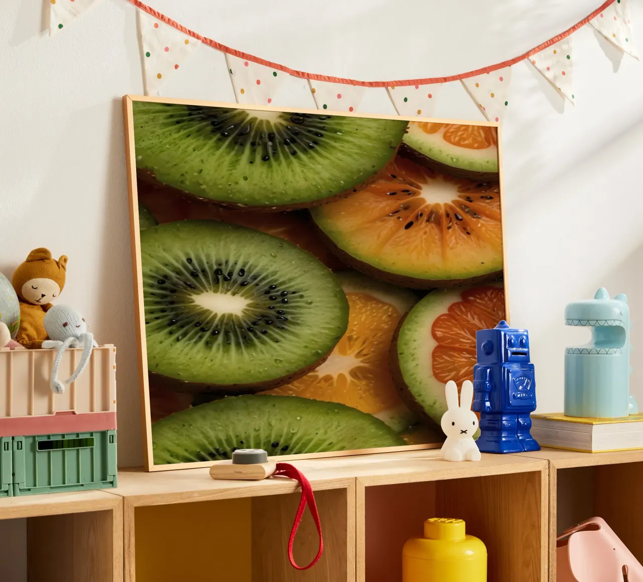 Assortimento variopinto di agrumi freschi e fette di kiwi disposte carta hahnemühle da DesignDoodle