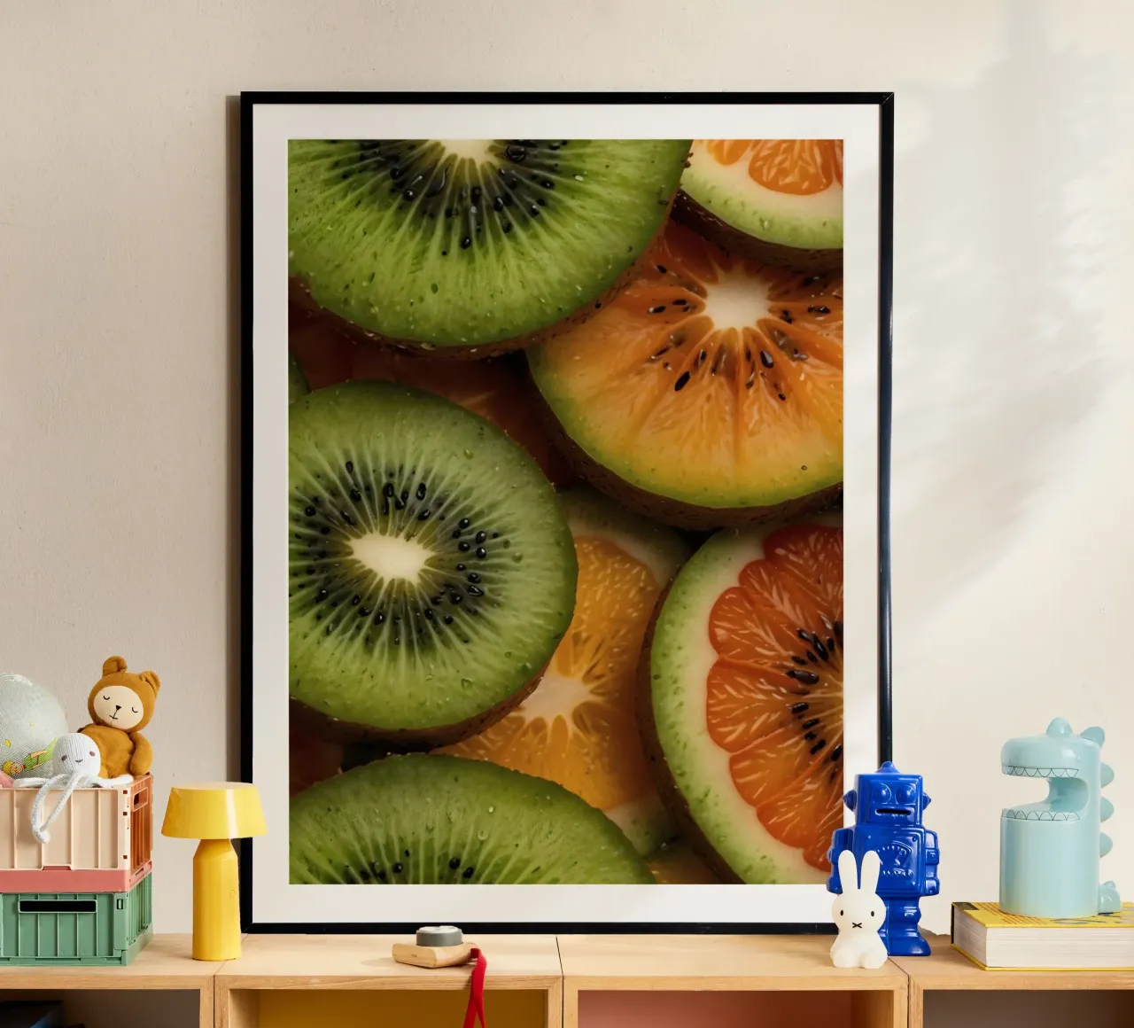 Assortimento variopinto di agrumi freschi e fette di kiwi disposte carta hahnemühle da DesignDoodle