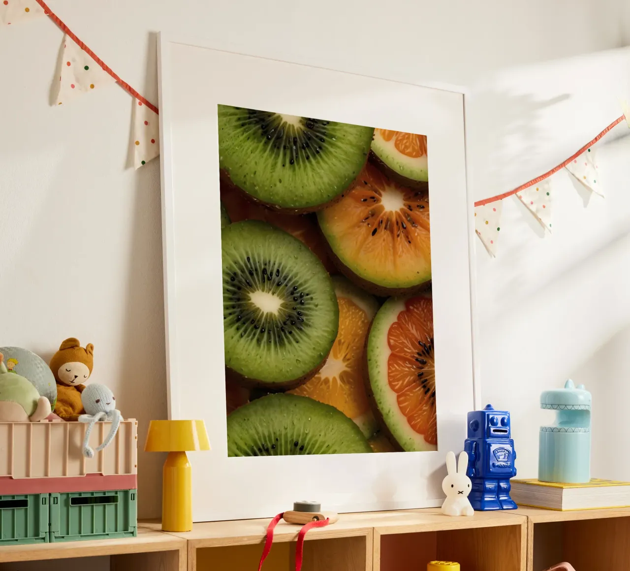 Assortimento variopinto di agrumi freschi e fette di kiwi disposte carta hahnemühle da DesignDoodle