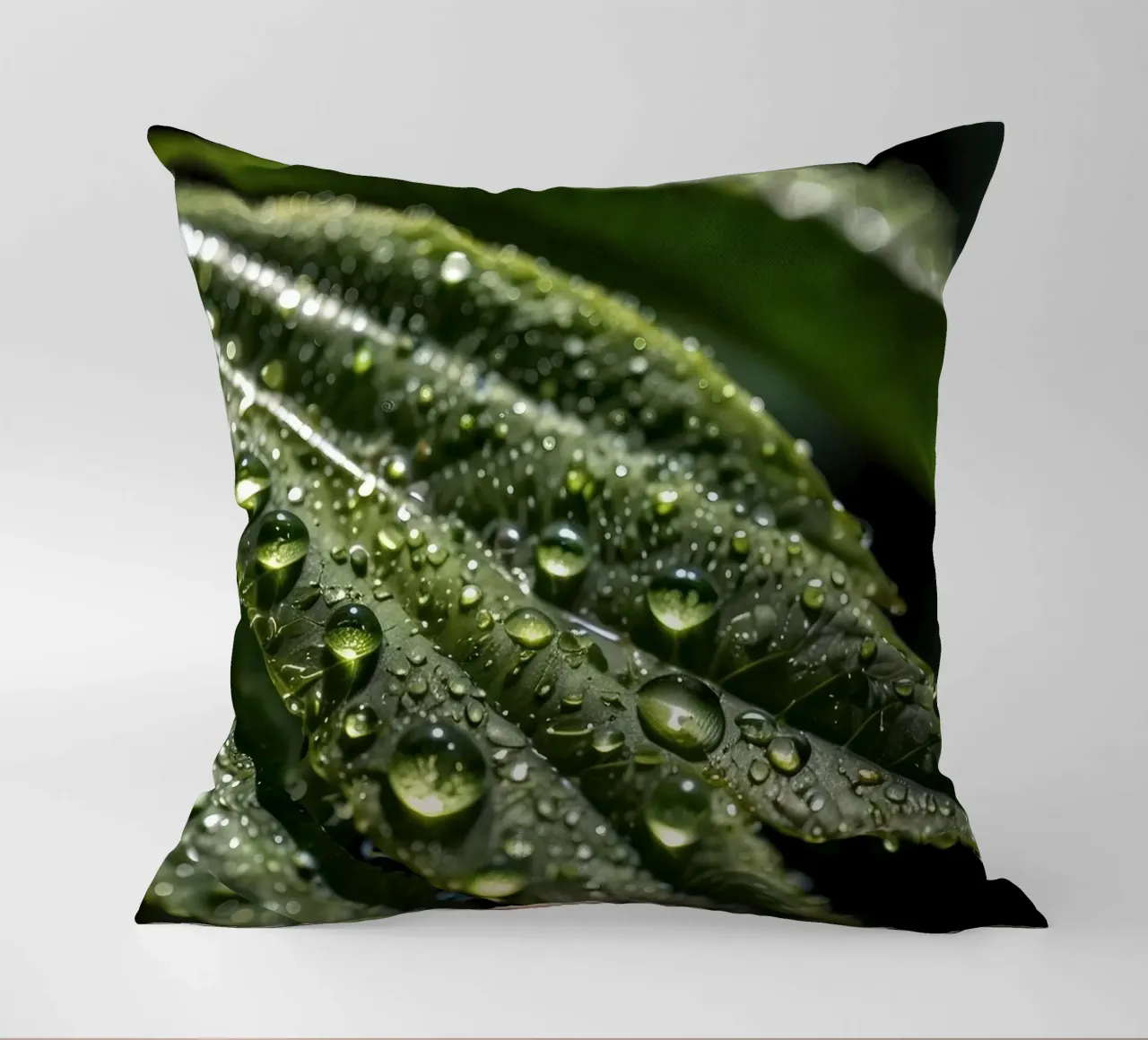 Close-up view of vibrant green leaves covered with dew dropl decorative cushion by DesignDoodle