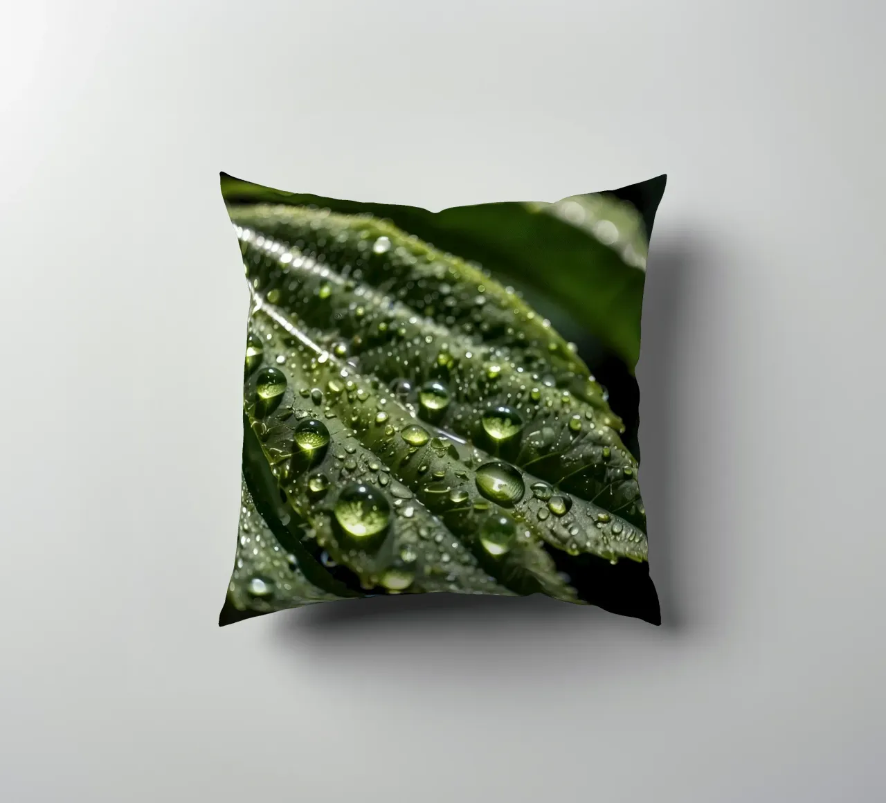 Close-up view of vibrant green leaves covered with dew dropl decorative cushion by DesignDoodle