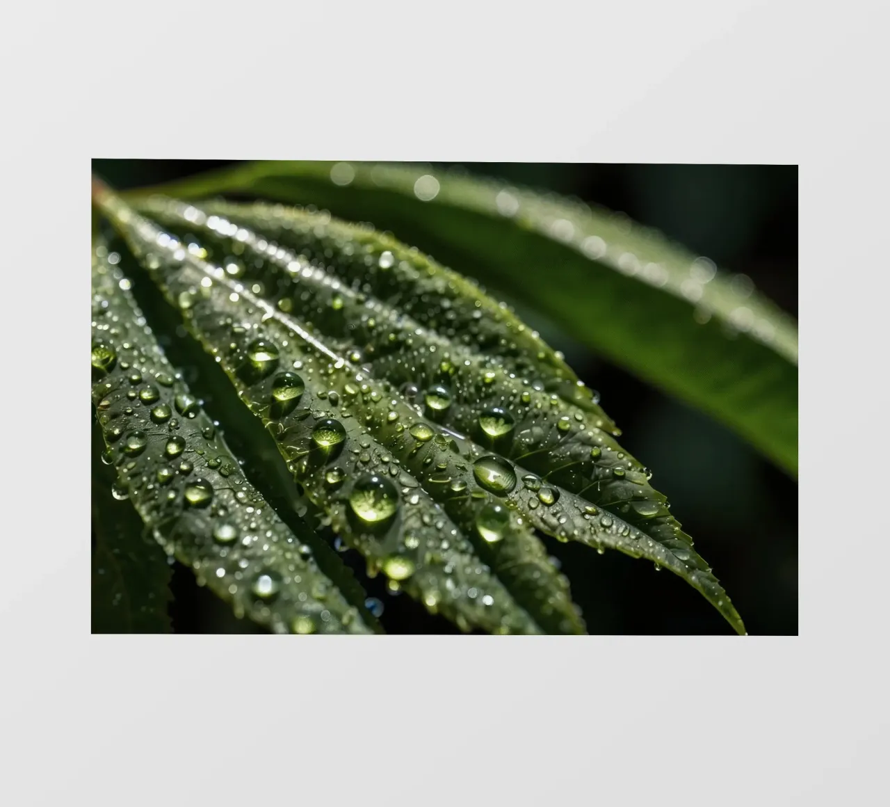 Close-up view of vibrant green leaves covered with dew dropl photo wallpaper by DesignDoodle