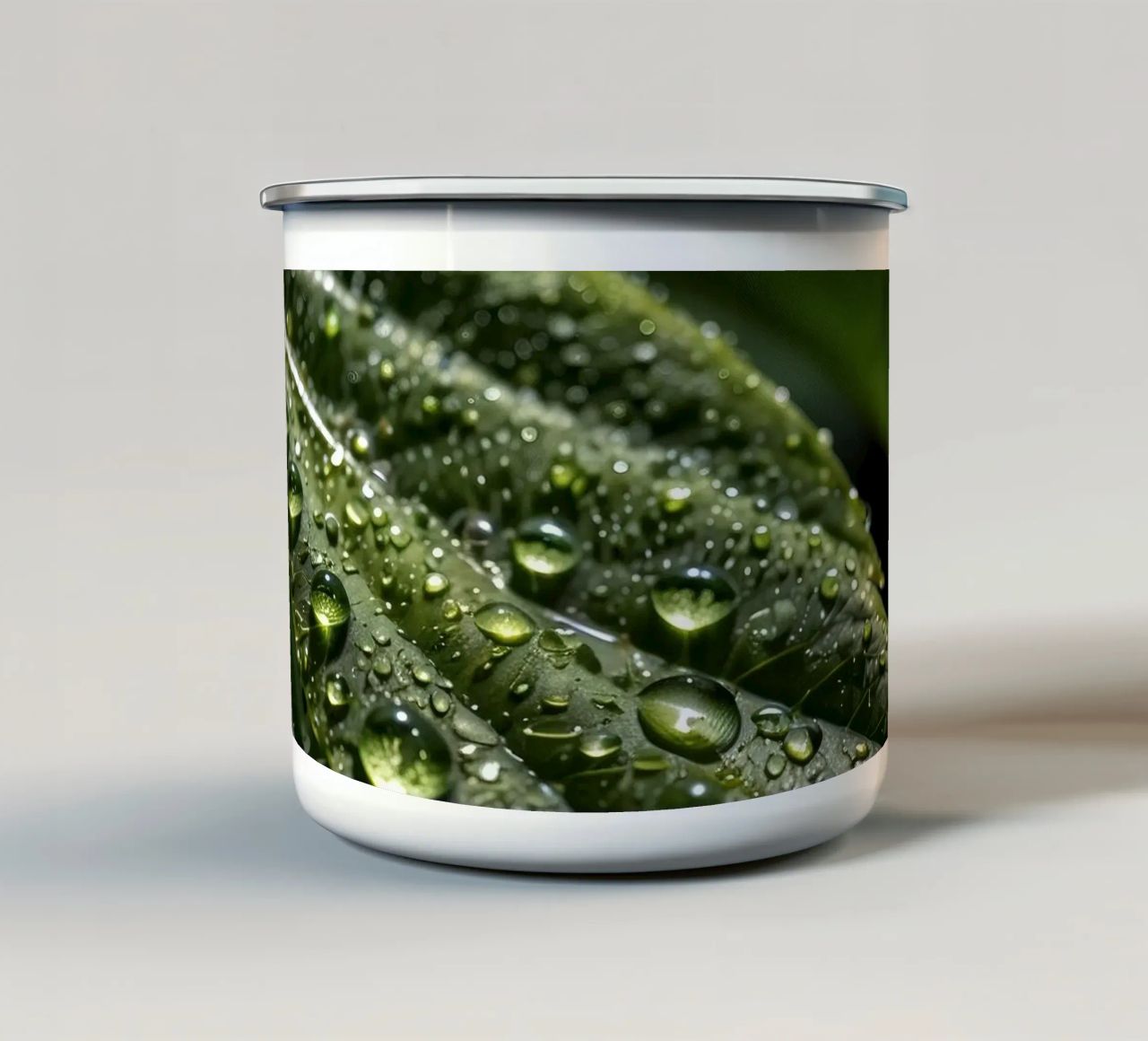 Vista ravvicinata di foglie verdi e vivaci ricoperte di rugiada. tazza in smalto da DesignDoodle